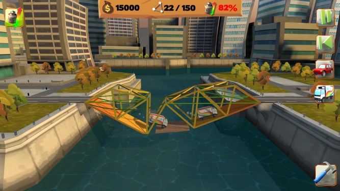 trucks driving across a bridge as it falls