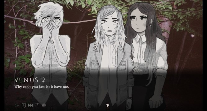 Venus covers their face while Jupiter sweats and Neptune averts her eyes