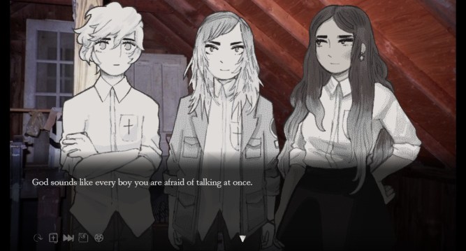 the three characters stand together calmly