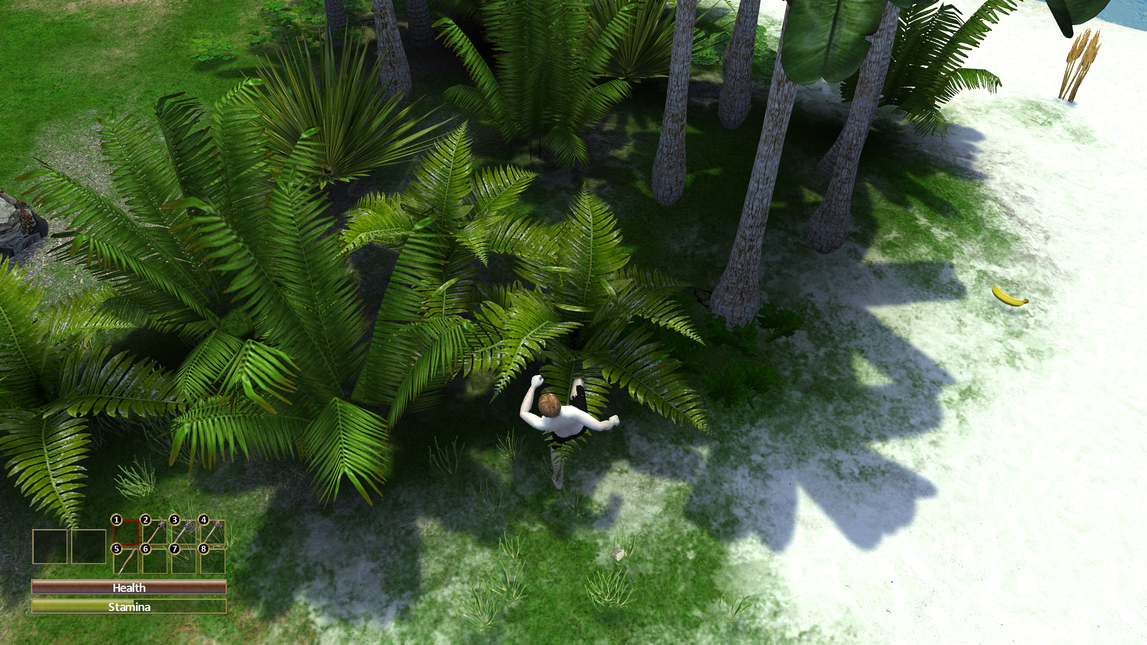 Character kicks a fern