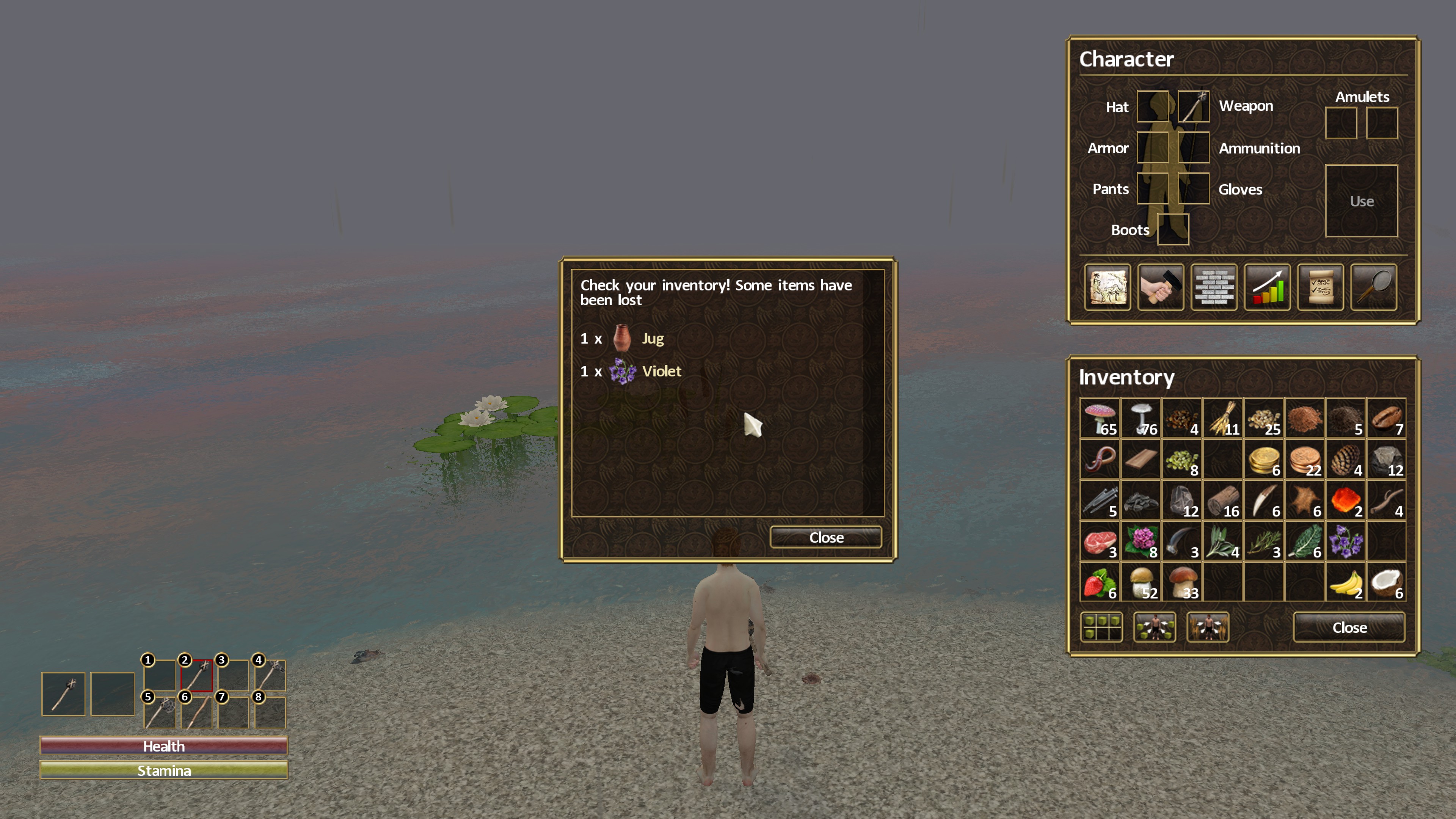 In-game window text: check your inventory! some items have been lost. 1 jug, 1 violet