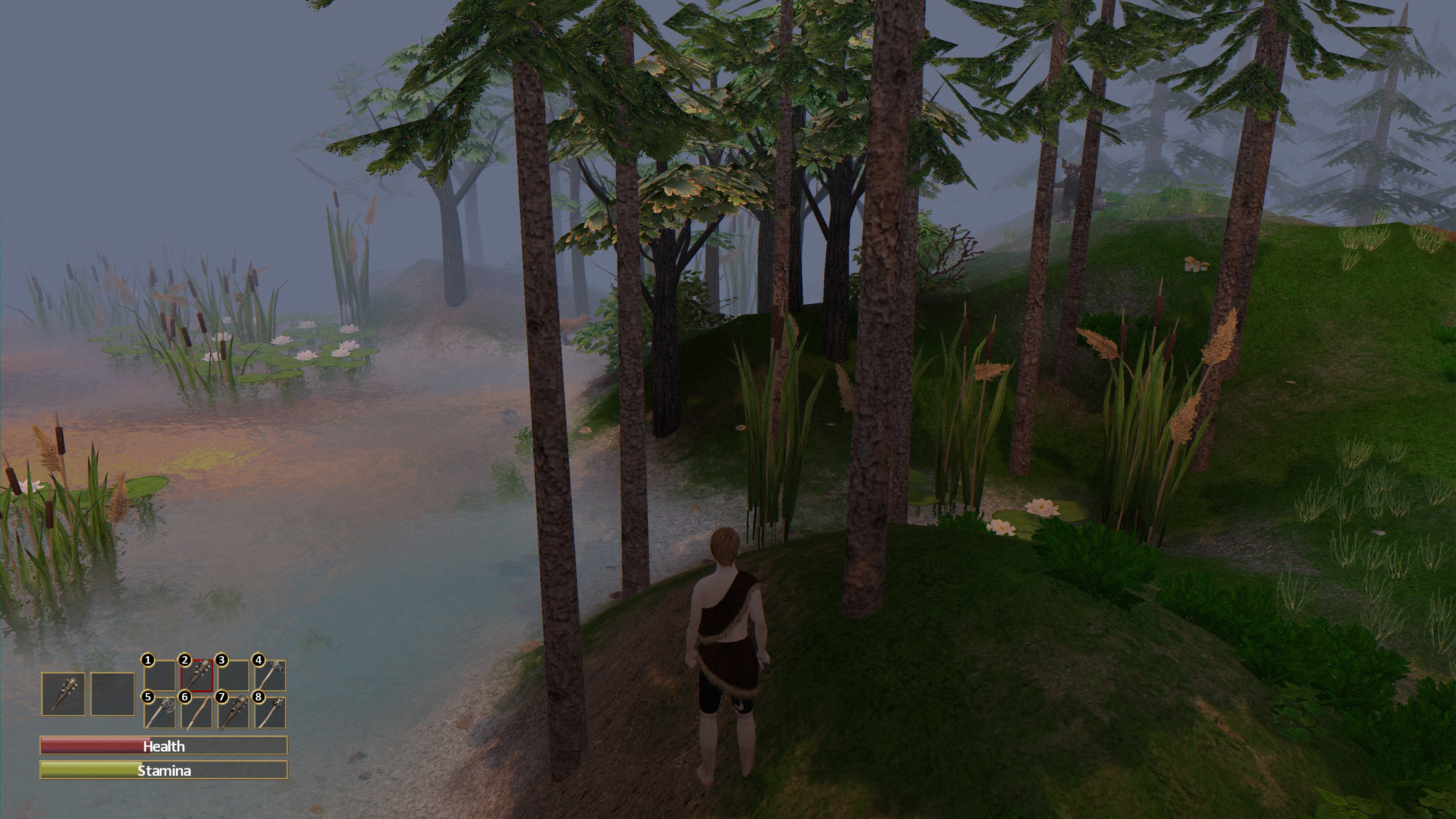 Character hides behind trees along the water while watching a goblin