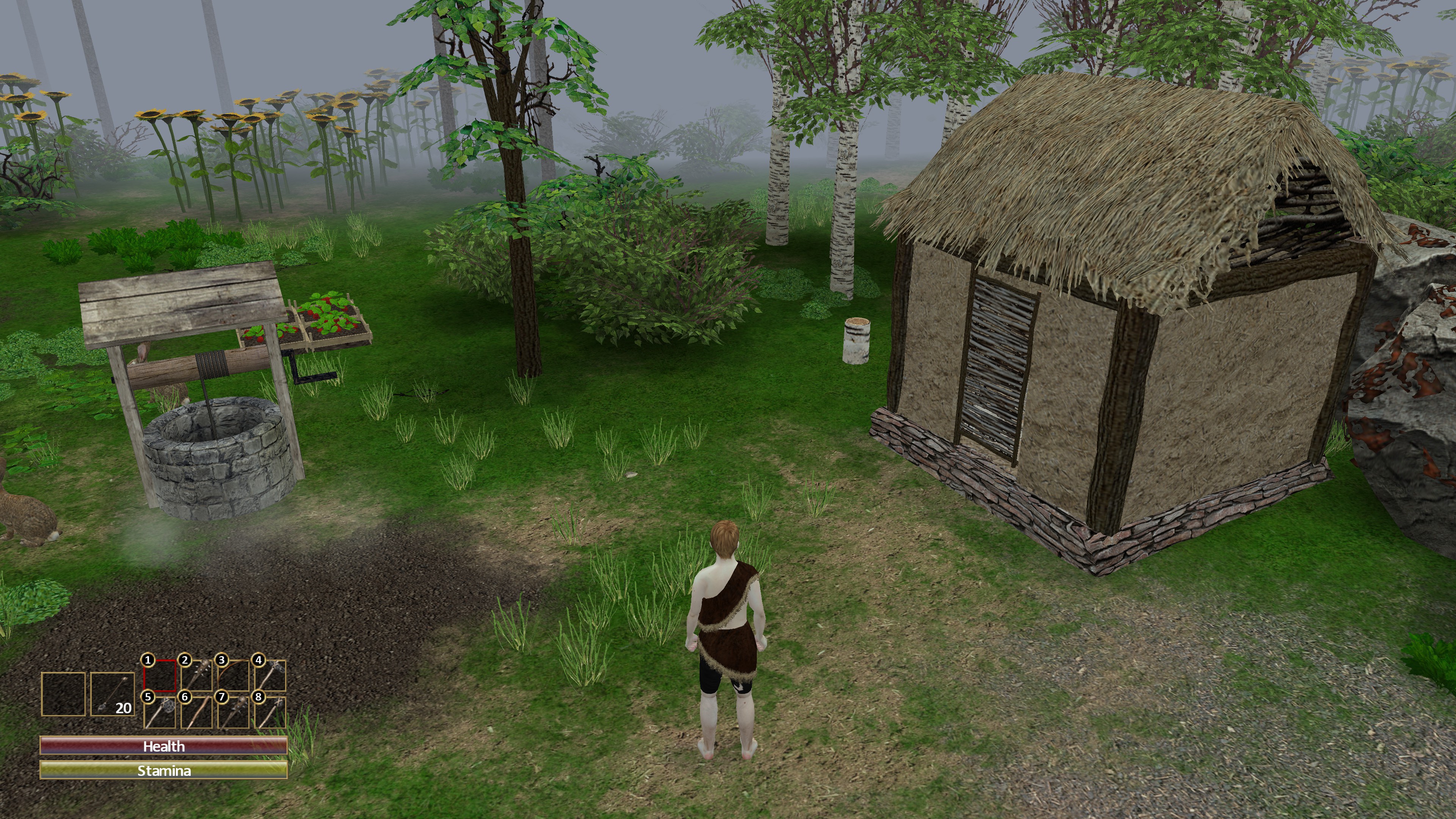Character stands in front of house, well, and farm while surrounded by trees