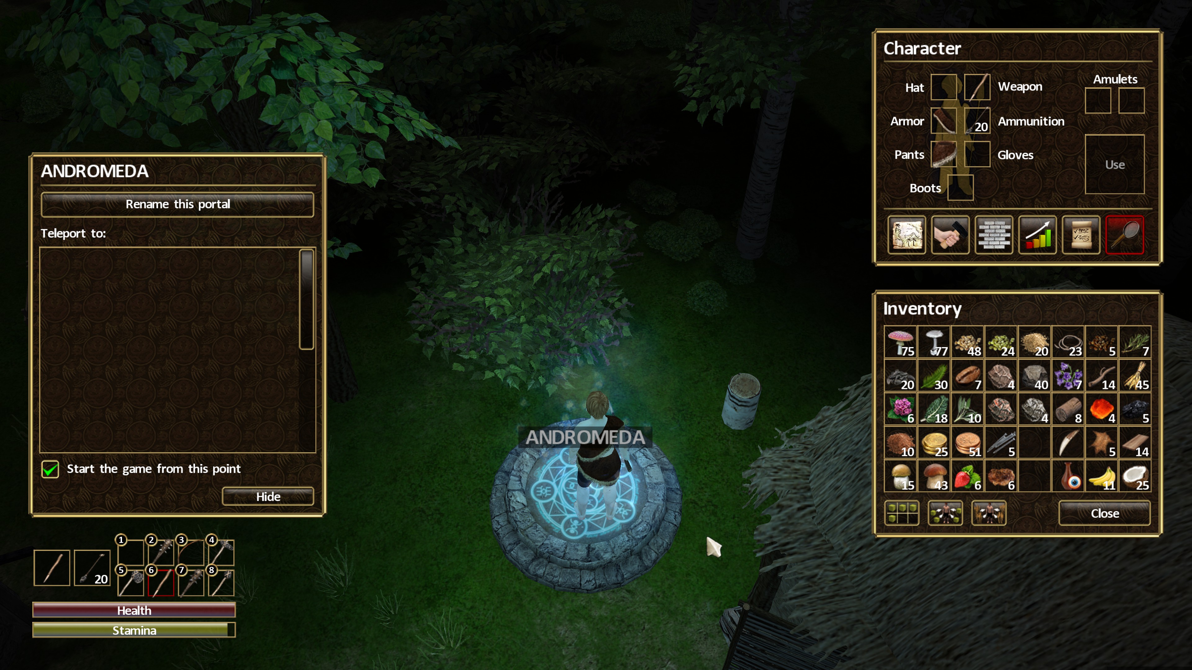 Character stands on top of a portal named andromeda