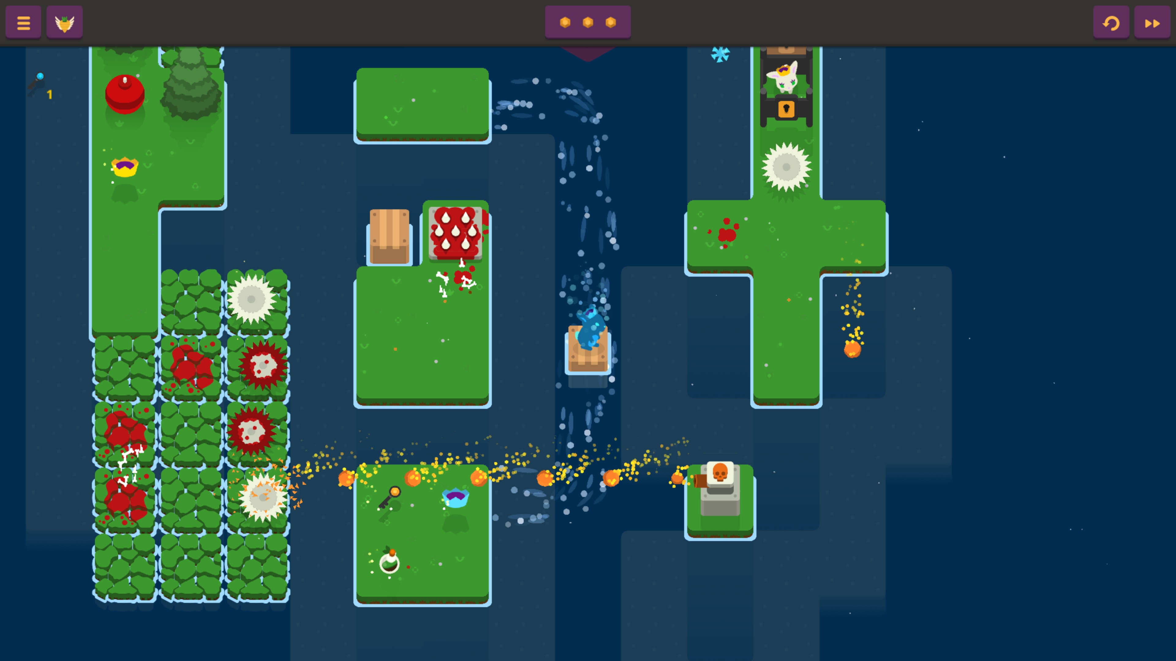 King Rabbit with the ice crown floats down a current on a box toward a rapidly firing flame cannon and four moving saws on collapsible ground