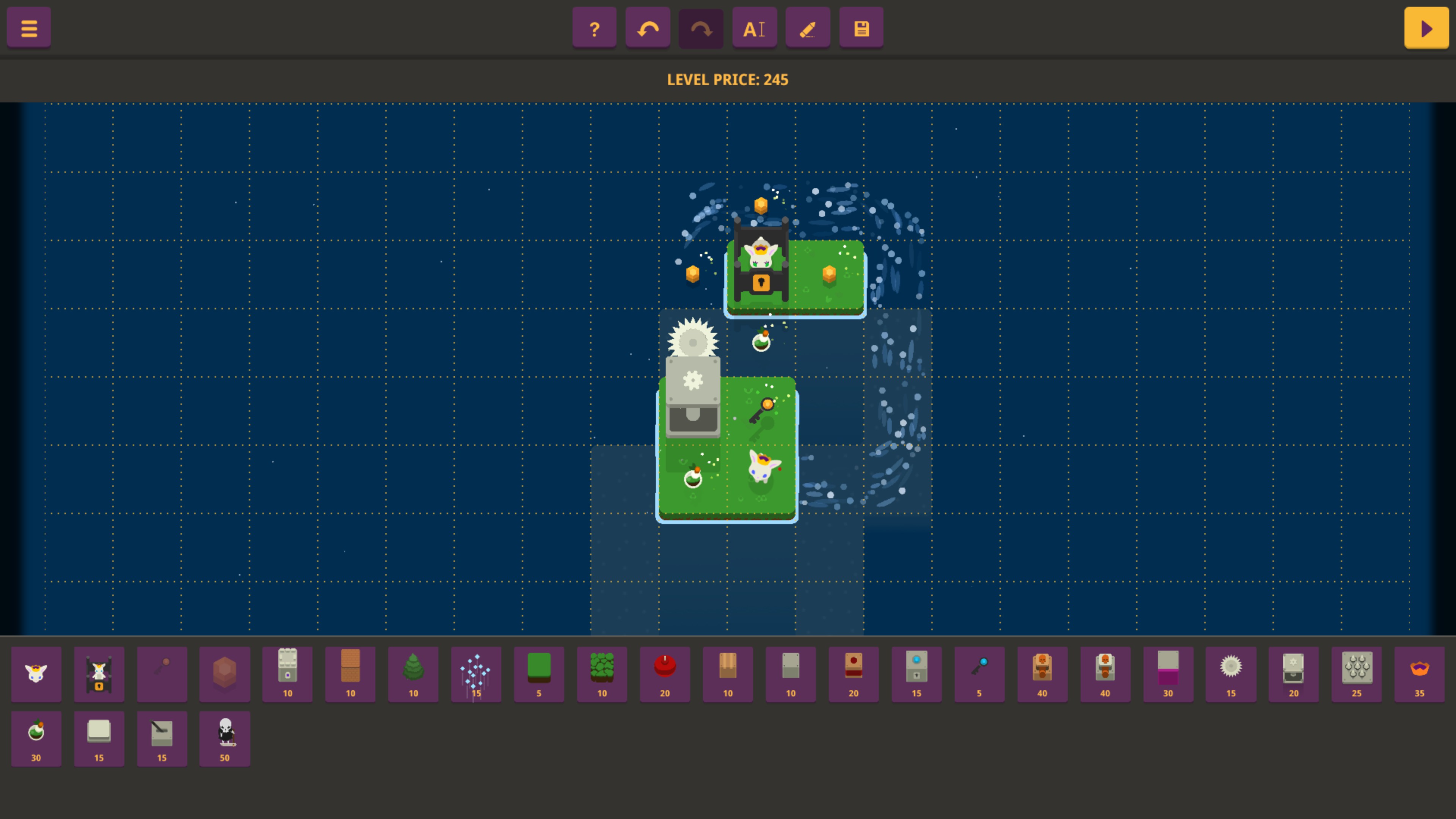level editor with level preview in the center on a grid. new objects to add are listed along the bottom with their costs and options such as undo, redo, rename, and save along the top.