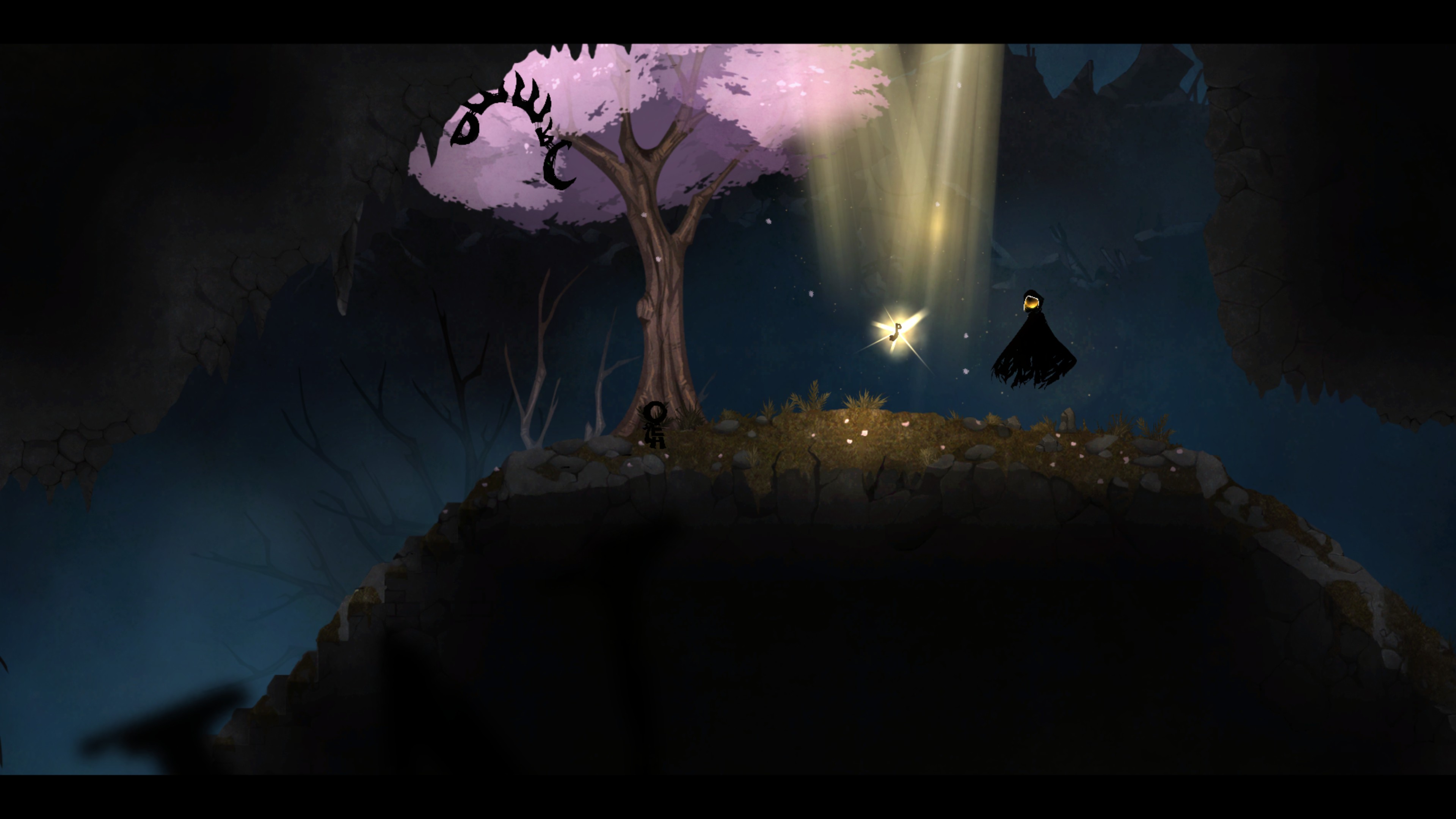 the main character HERO sees his missing arm (the letter P) in a ray of light beside MUSE. GREED looks upon the scene.