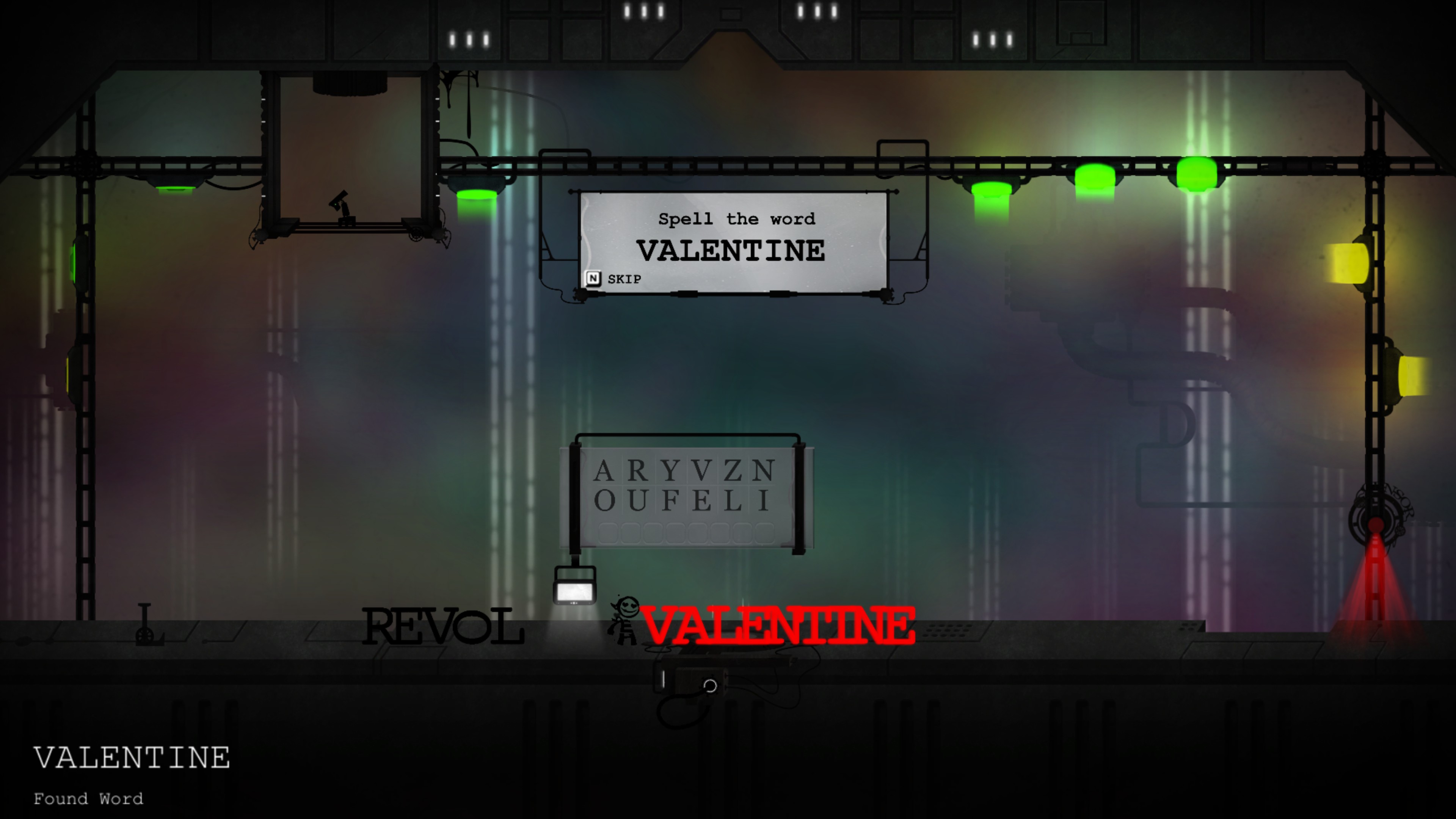 Room with colored lights, sign over the main character says 