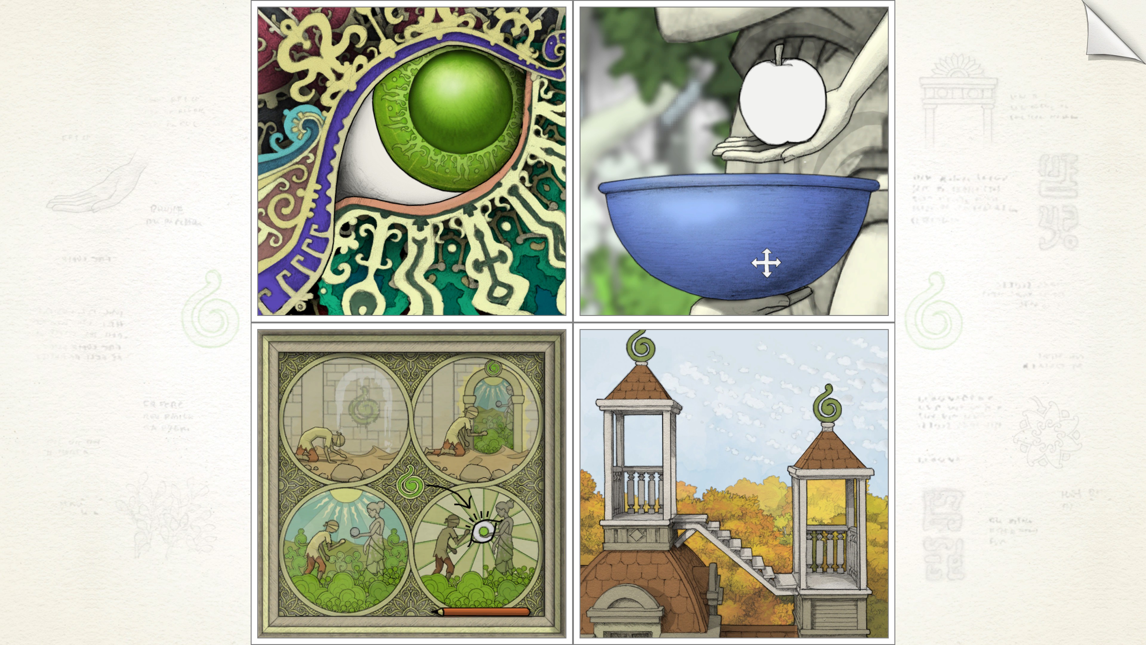top left, ornate green dragon eye. top right, statue holding a colorless apple over a bowl. bottom right, two towers with stairs between them. bottom left, a diagram showing a man going from a desert into a garden and receiving a green apple from a statue. an eye is drawn over the apple in the diagram.