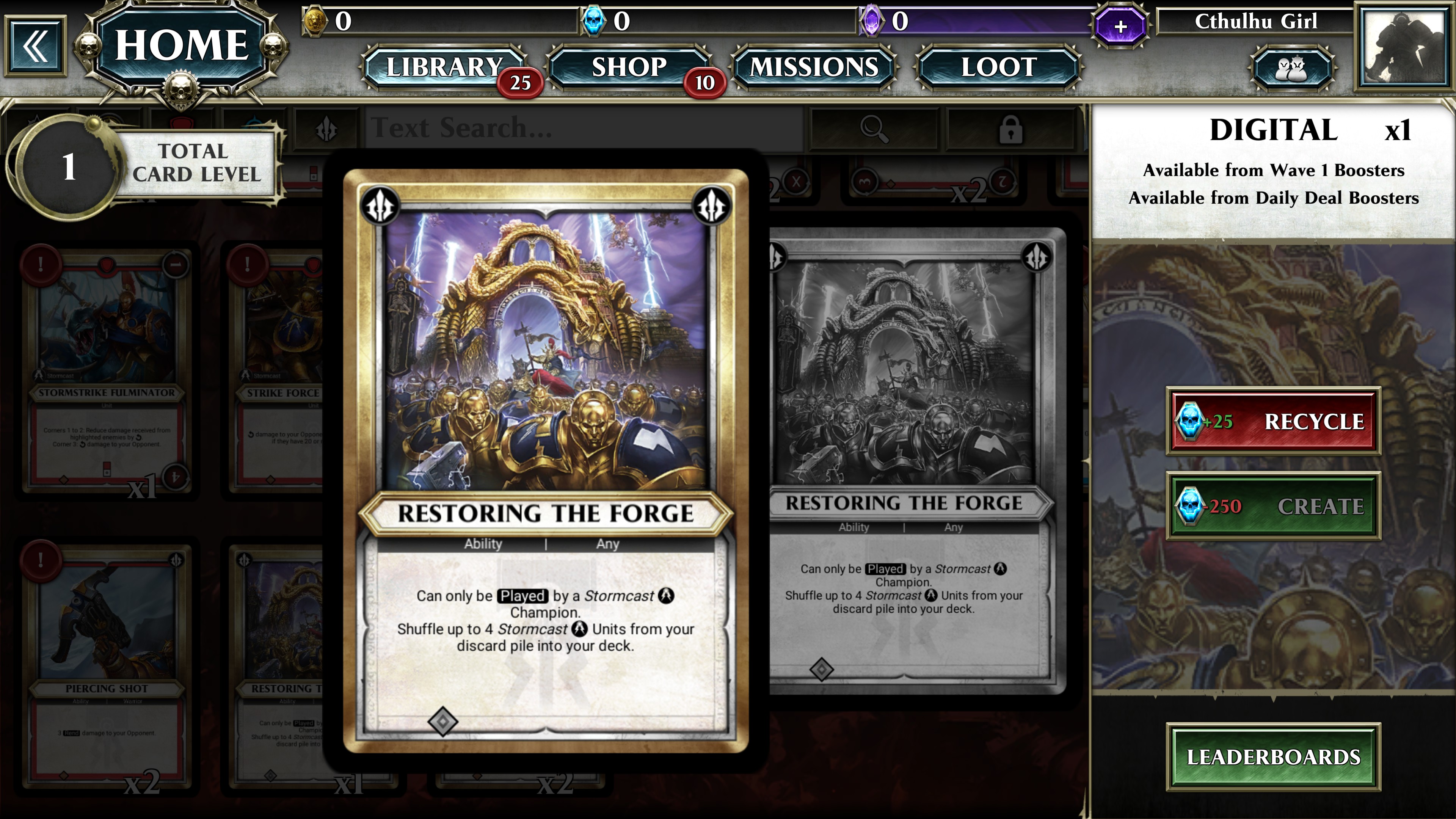 option to craft a card from blue currency. plus 25 to recycle or 250 to create