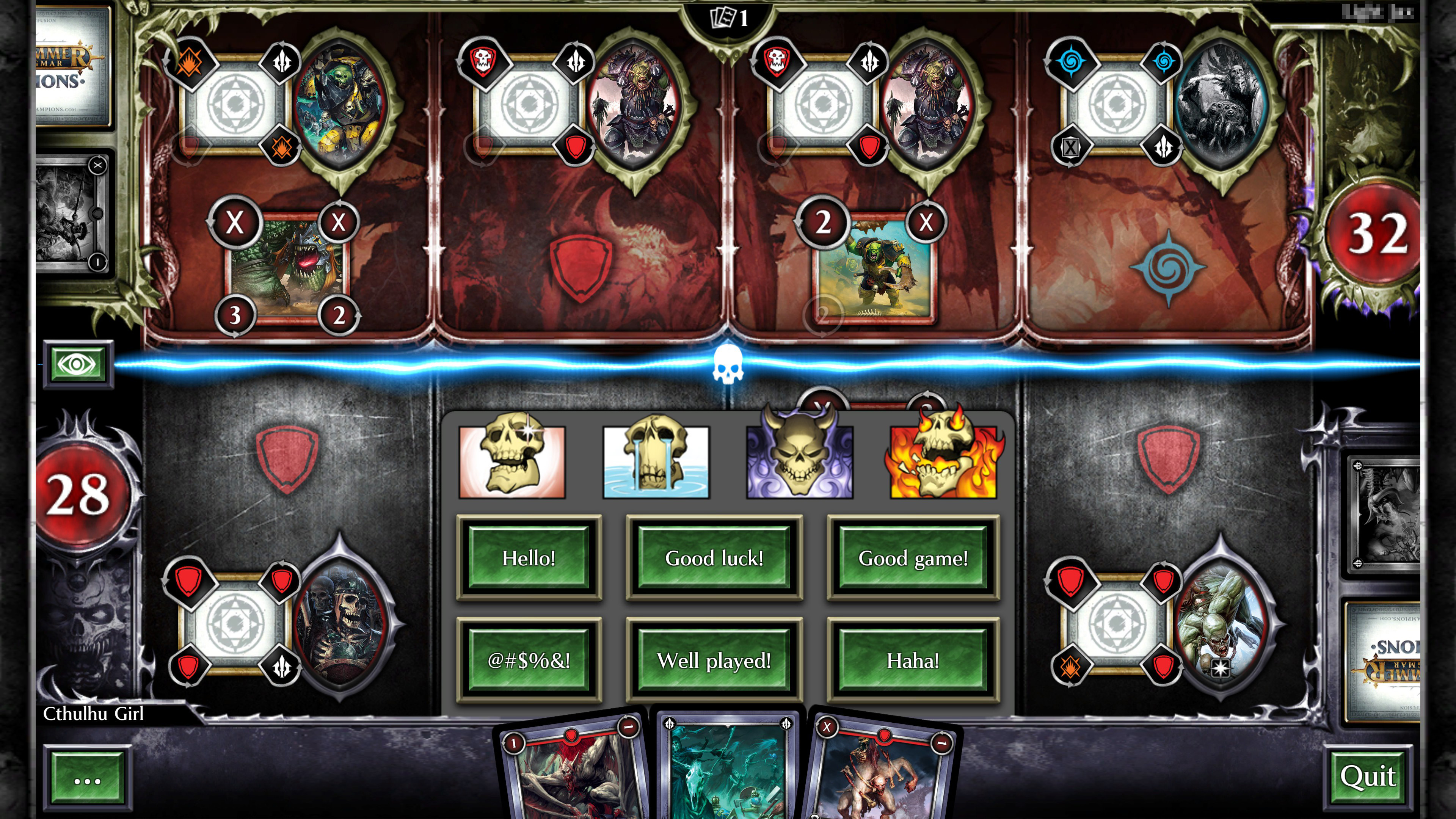 Cunning, sad, devilish, and maniacal emotes, along with the phrases hello, good luck, good game, well played, haha and a string of symbols suggesting expletives