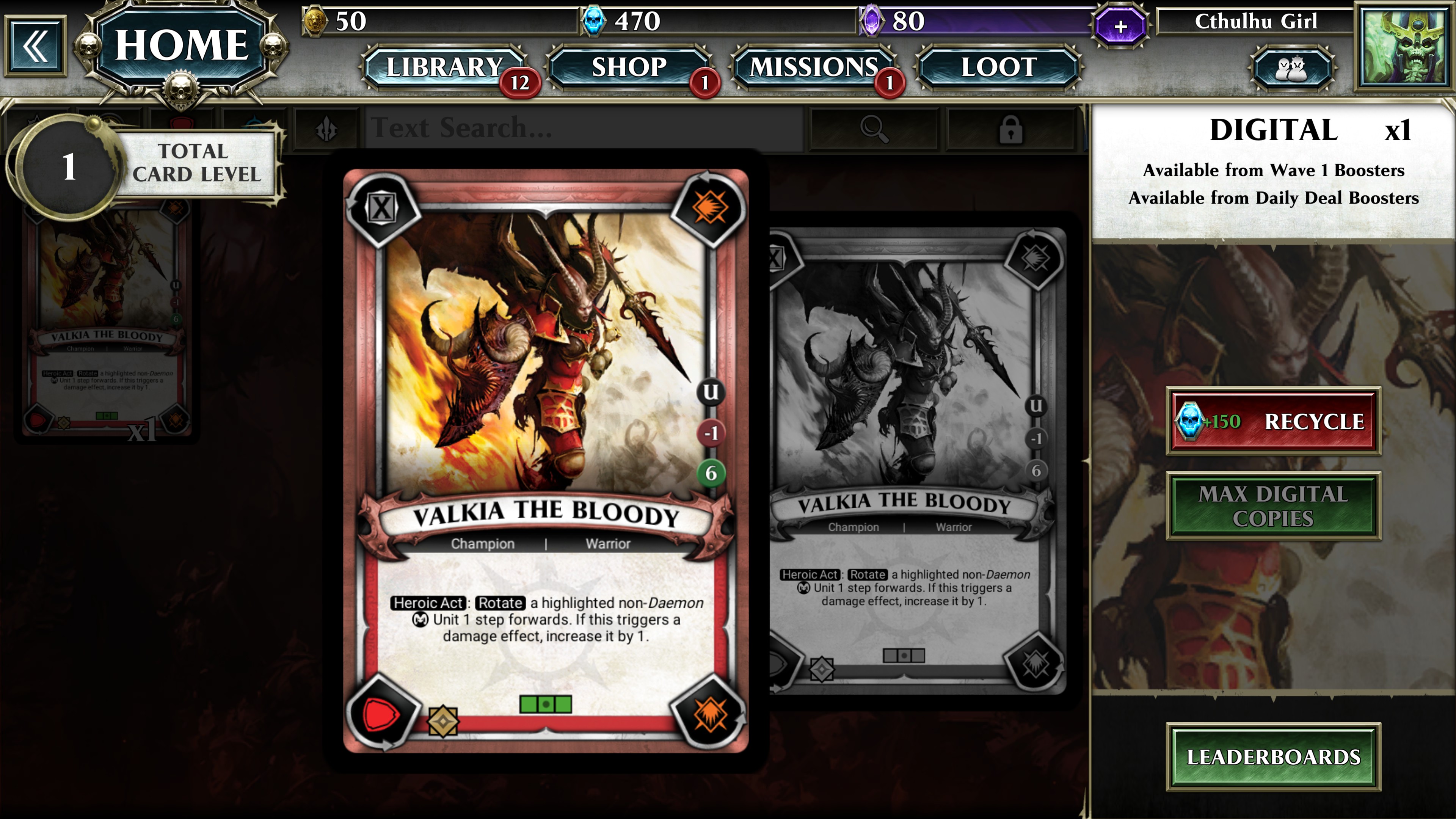 Champion card for Valkia the Bloody, a Choas champion. Along the right side of the card is the letter U a red minus 1 and a green 6