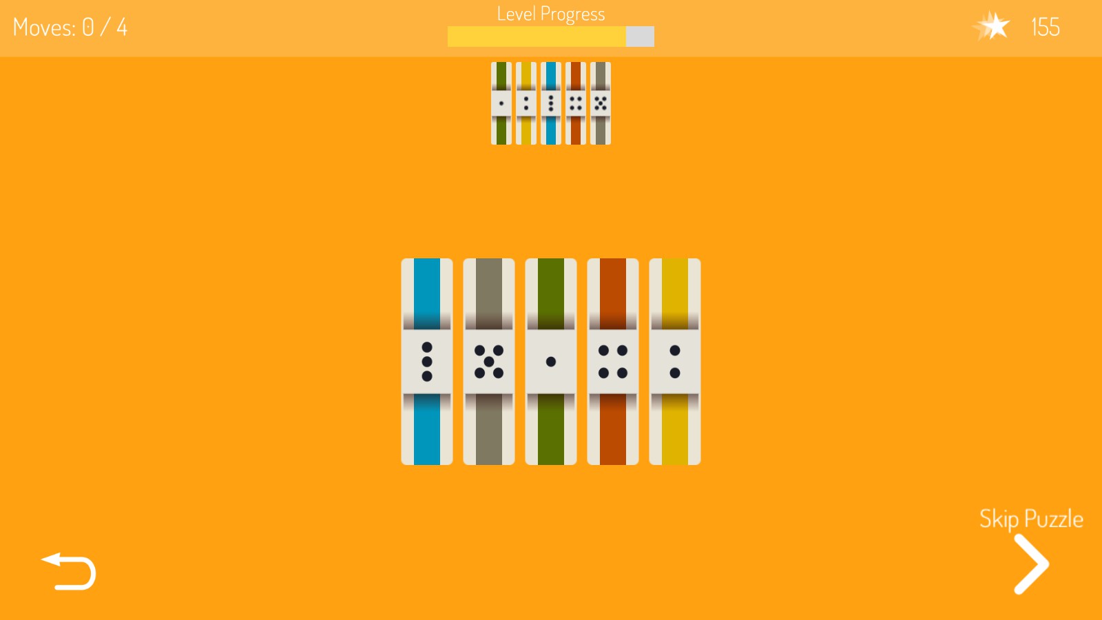 5 piece puzzle with minimum 4 moves, uses symmetrical pieces and contrasting colors