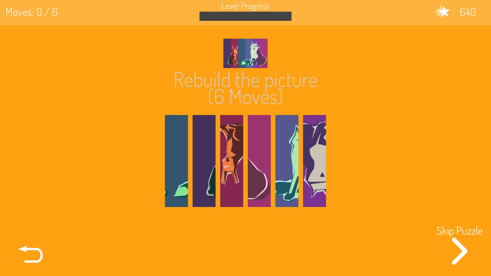 Image puzzle with 6 pieces requiring minimum 6 moves. Image is of two dogs in a modern minimalist style.