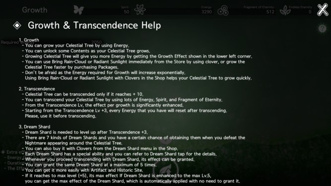 Growth and transcendence help screen featuring 27 lines of tiny text