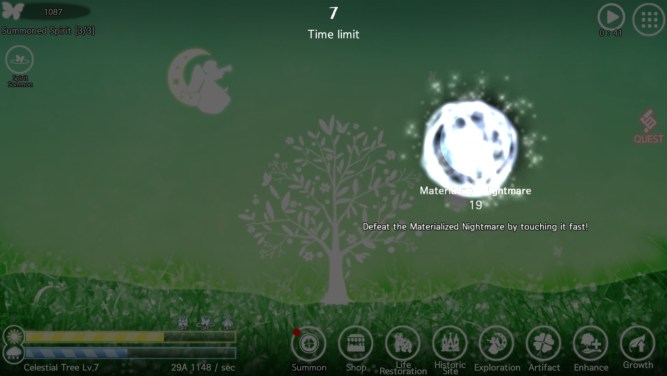 materialized nightmare darkens the screen, text says: defeat the materialized nightmare by touching it fast!