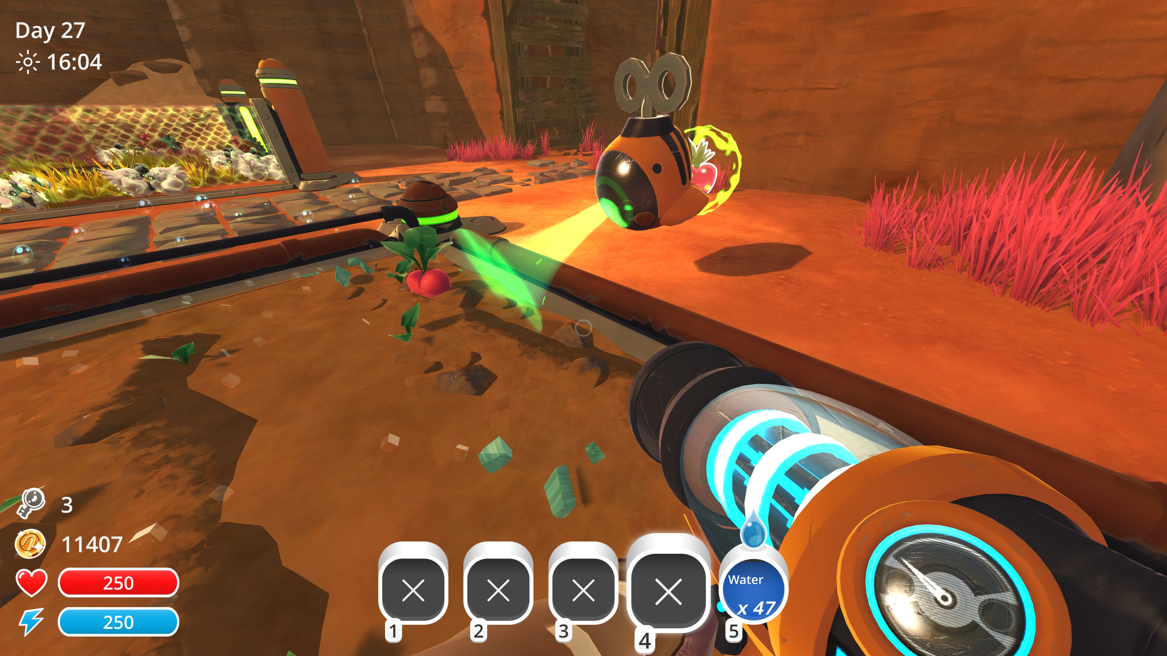 a bumble bee shaped drone sucks a radish out of the ground with a tractor beam