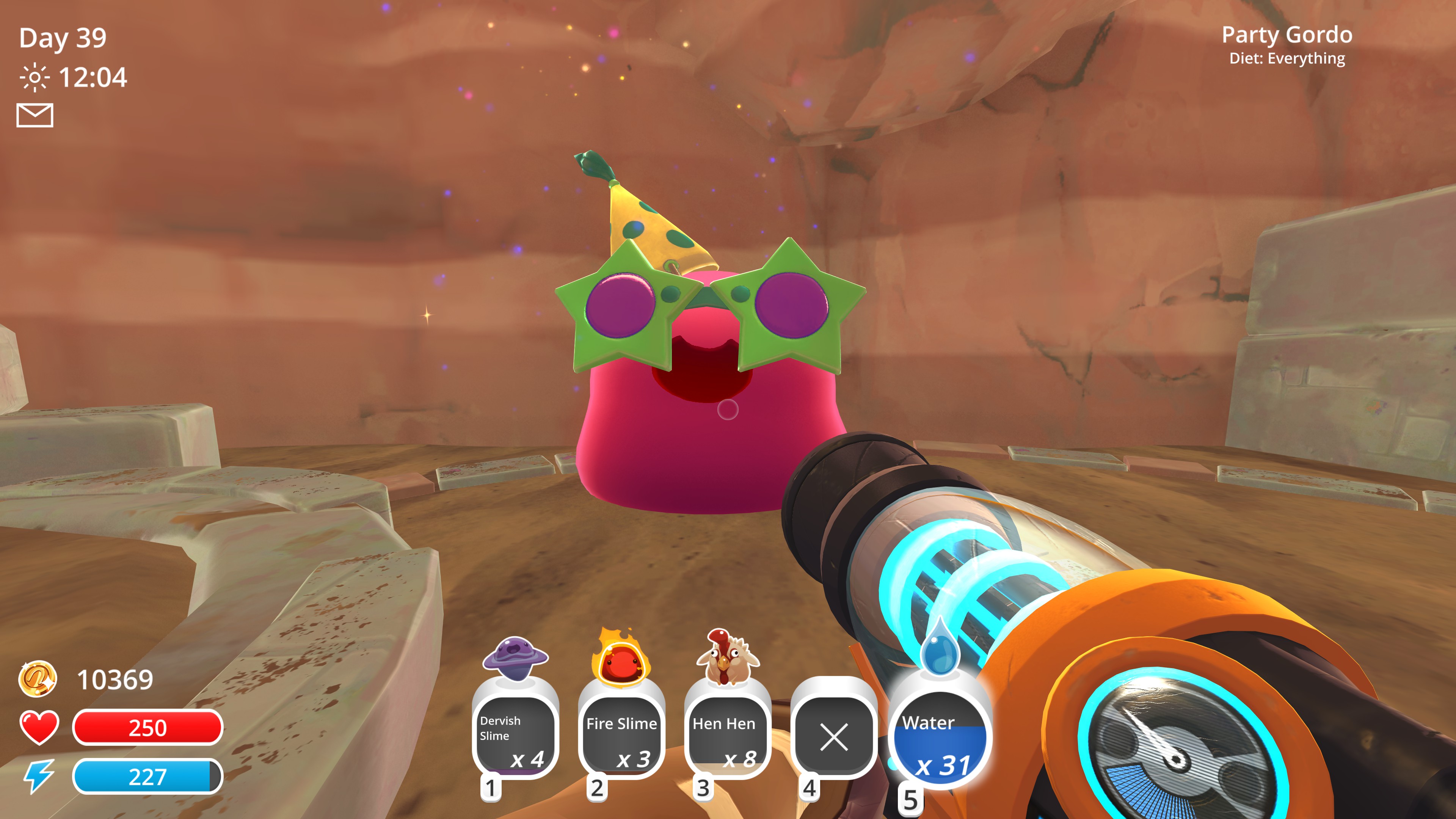 impressively large pink gordo with a party hat and star sunglasses, known as a party gordo
