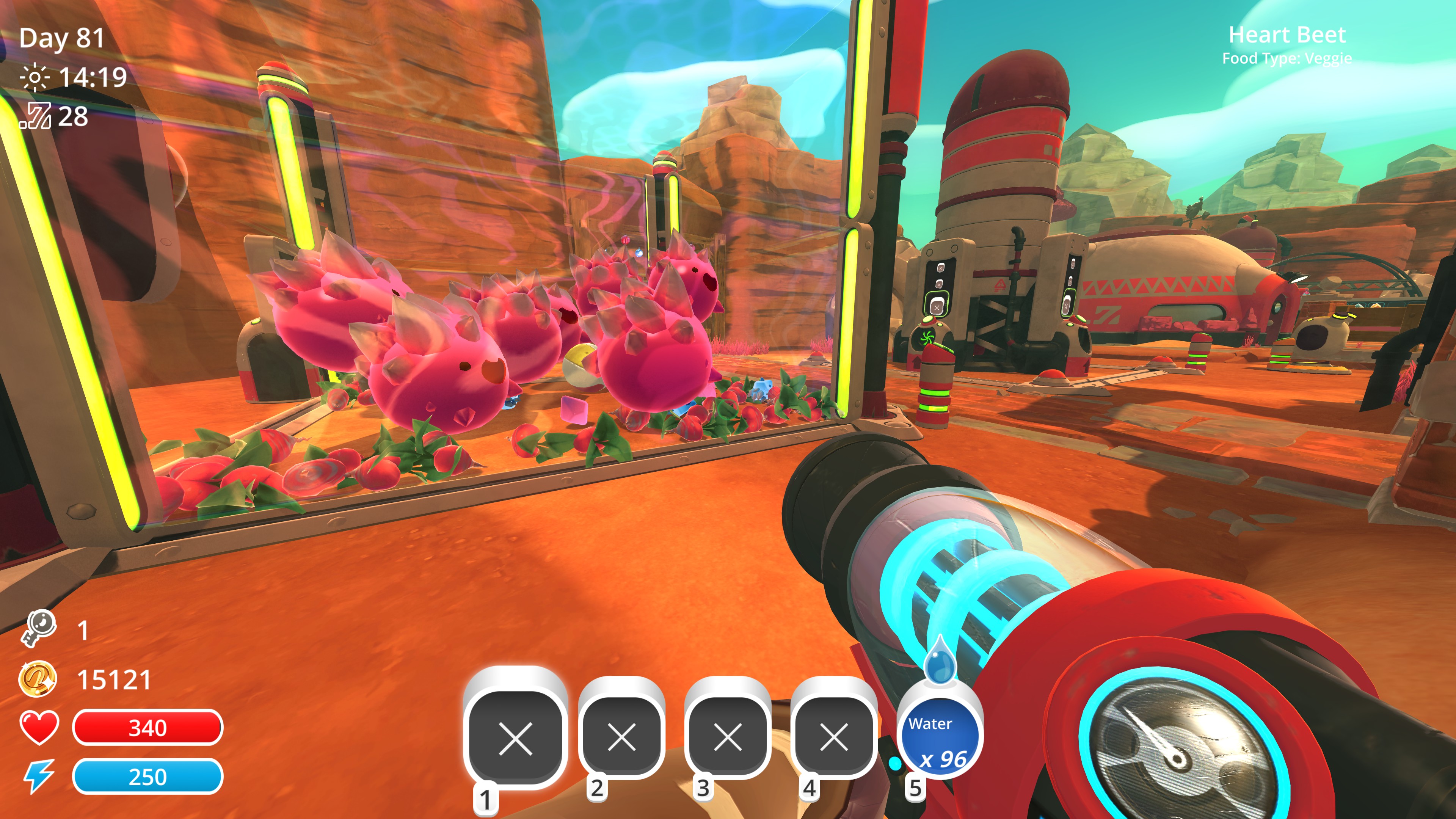 player stands before a large corral full of pink spiky slimes with big smiles. radishes cover the floor and a silo and house stand in the background.