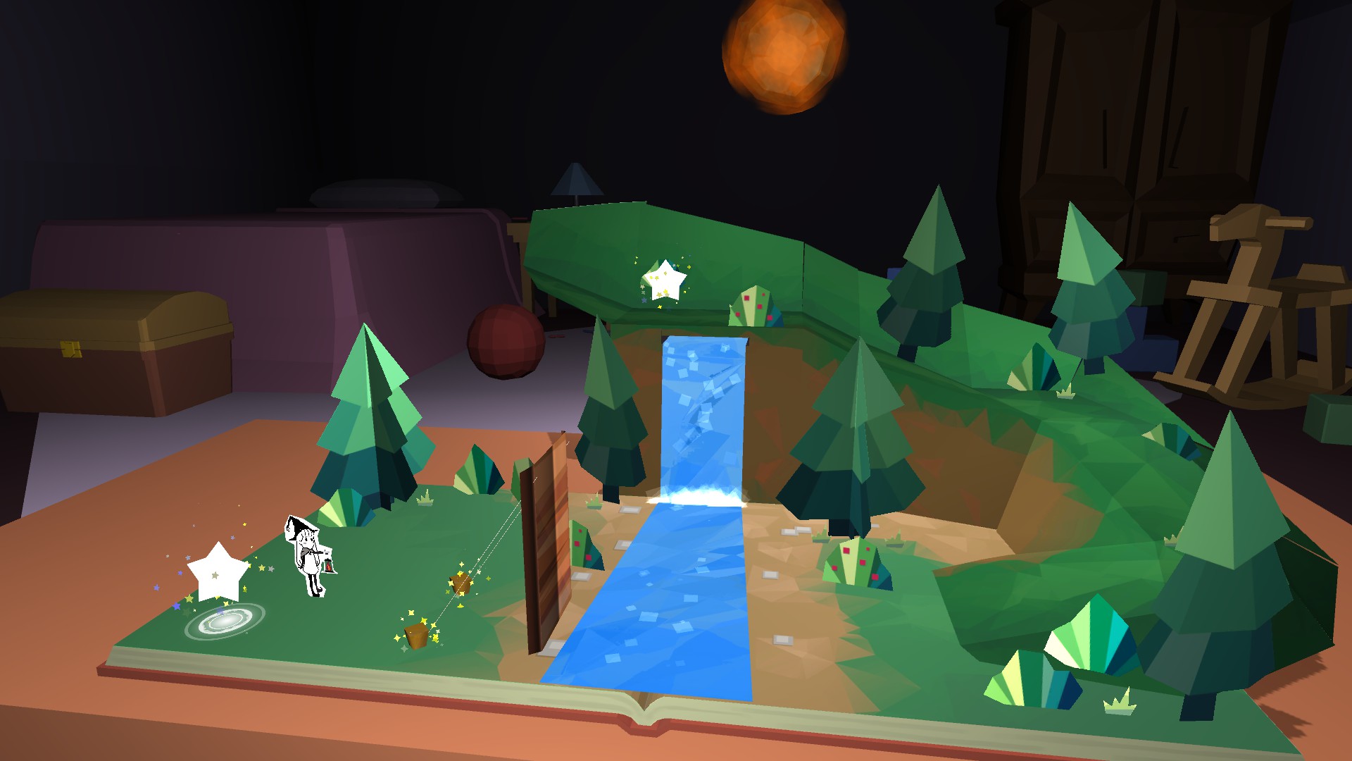 Digital popup book depicting Abigail with a lantern trying to cross a river. the bridge is raised in front of her.