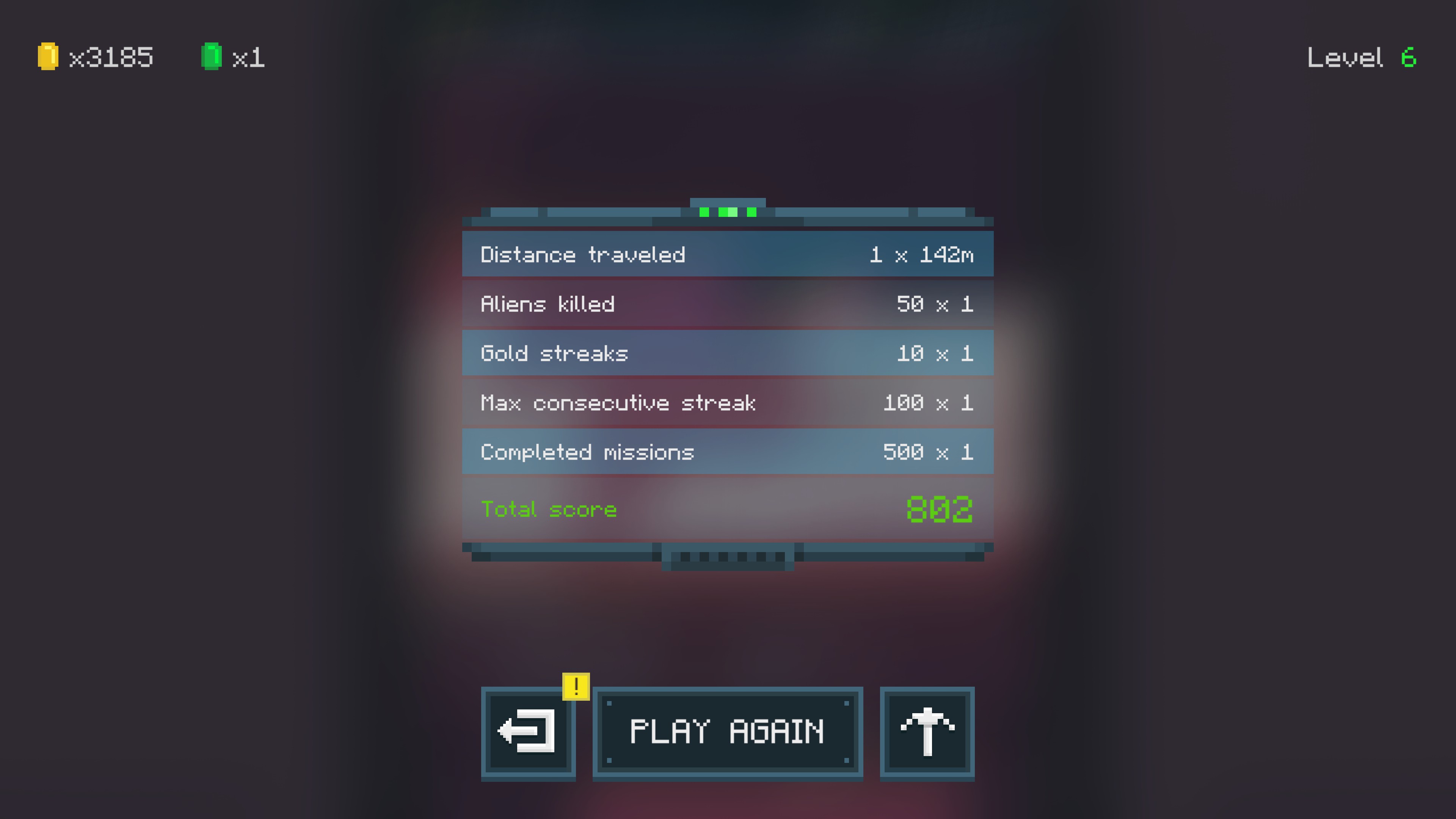 Score calculation after a run in Dig Deep. Score is increased by vertical distance, aliens kills, gold, streaks, and completing missions.