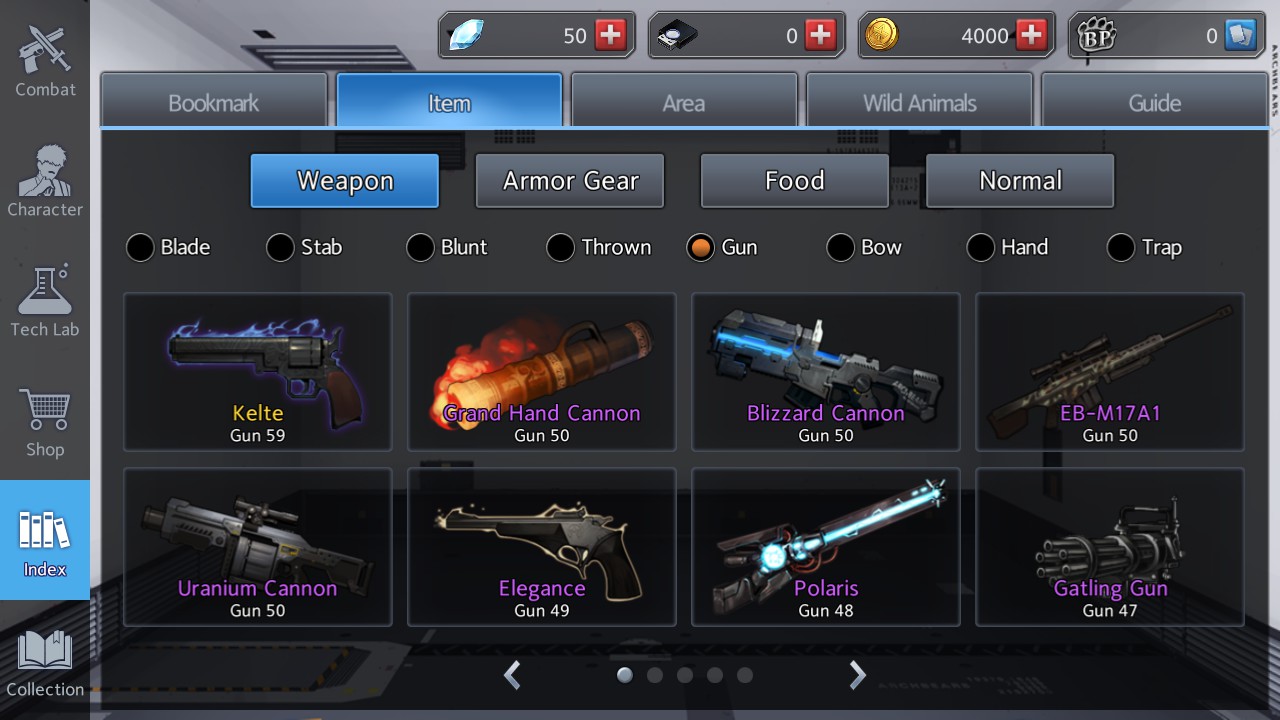 Black Survival in game index showing the 8 top level guns: kelte, grand hand cannon, bliazzard cannon, eb-m17a1, uranium cannon, elegance, polaris, and gatling gun