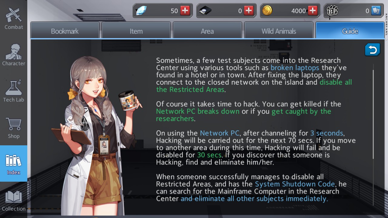 Guide information on hacking. Specifies details about using laptops and breaking into the research center to gain access to the mainframe computer and eliminate all other players immediately.