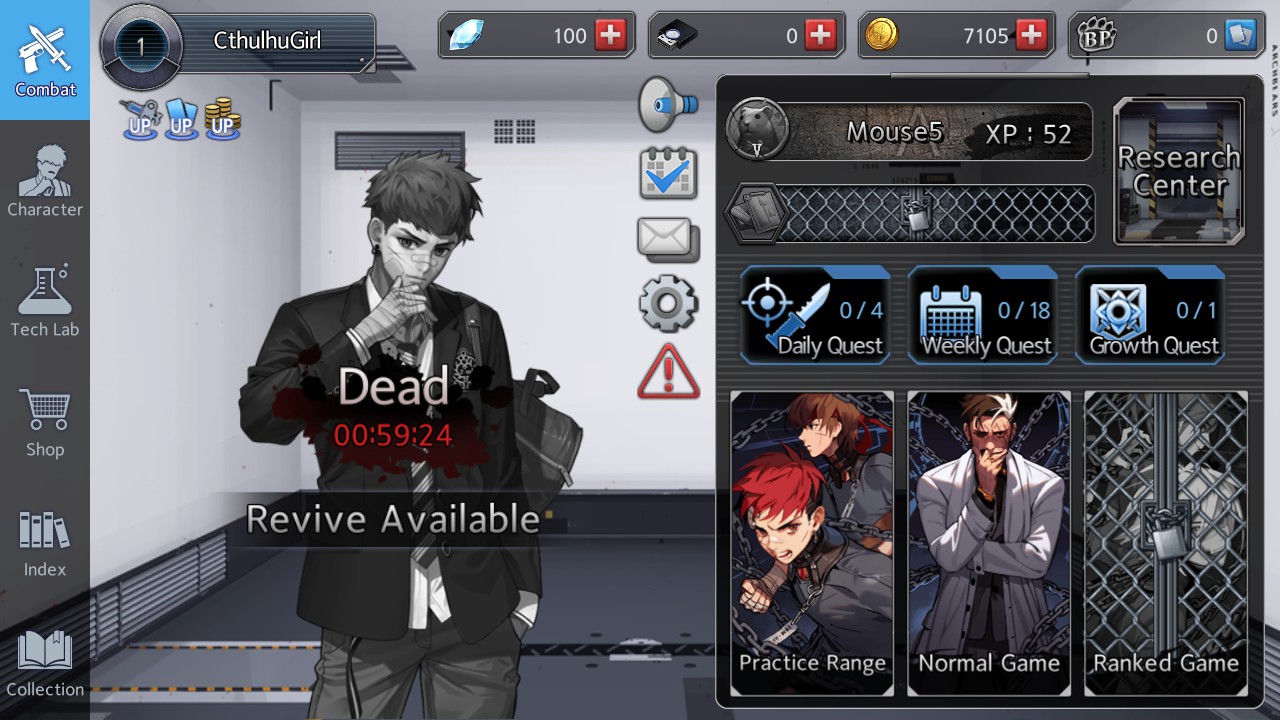 Dead character with a 59 minute timer. game interface also shows daily, weekly, and growth quests as well as practice range, normal game, and ranked game modes.