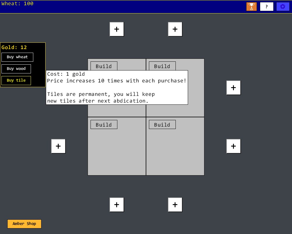 Option to by a new plot of land for 1 gold. Text also warns that each new plot is 10 times the price.