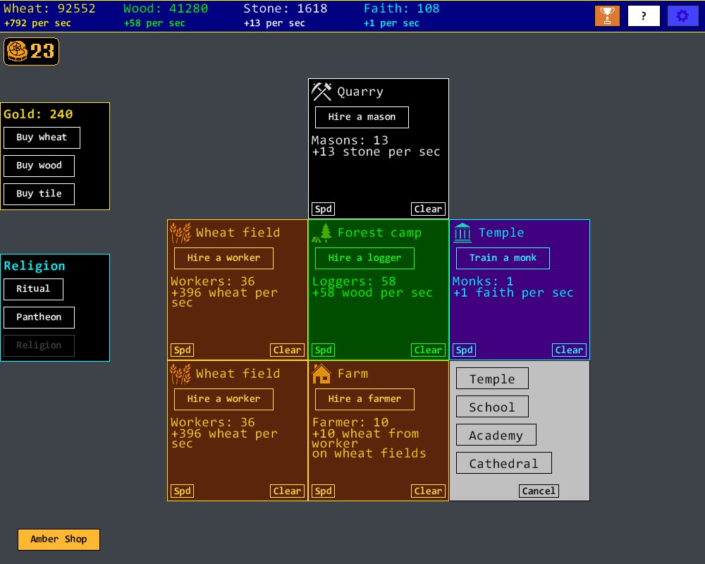 7 plots of land. 1 empty, 1 temple, 1 quarry, 1 forest camp, 1 farm, and 2 wheat fields.
