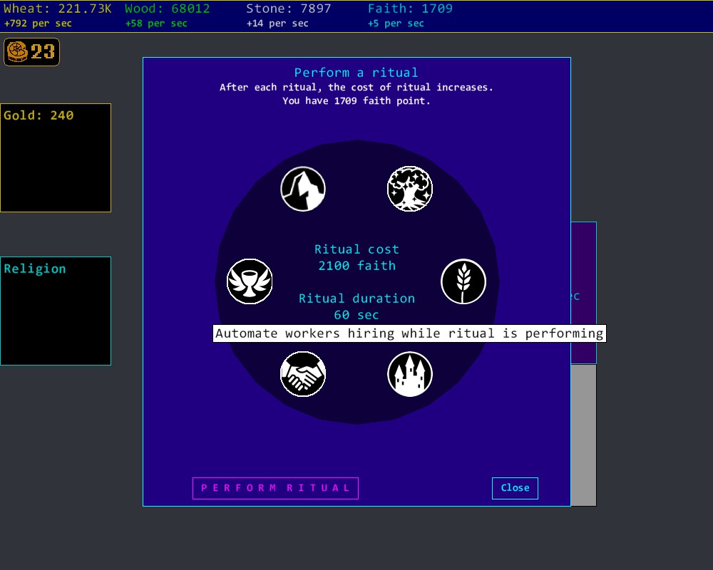 6 options to add to a ritual. Each option added increases the cost and length of the ritual.