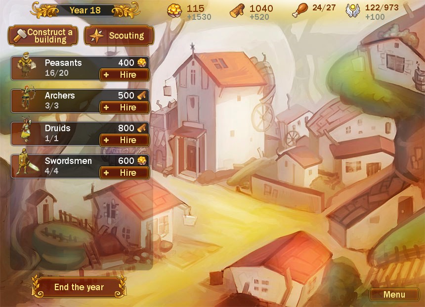 50 Years main game screen. currently at year 18, with 16 out of 20 peasants, 3 out of 3 archers, 1 out of 1 druid, and 4 out of 4 swordsmen.