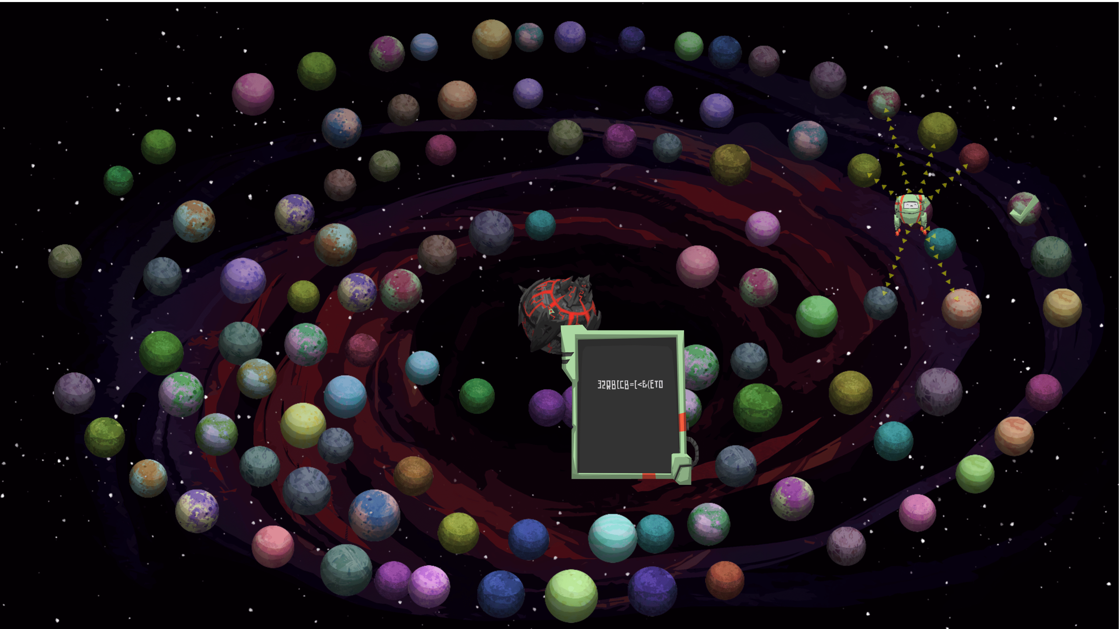 solar system stuffed full of multi-colored planets. A the center is a dark black and red planet with spikes and the text looks like random symbols.