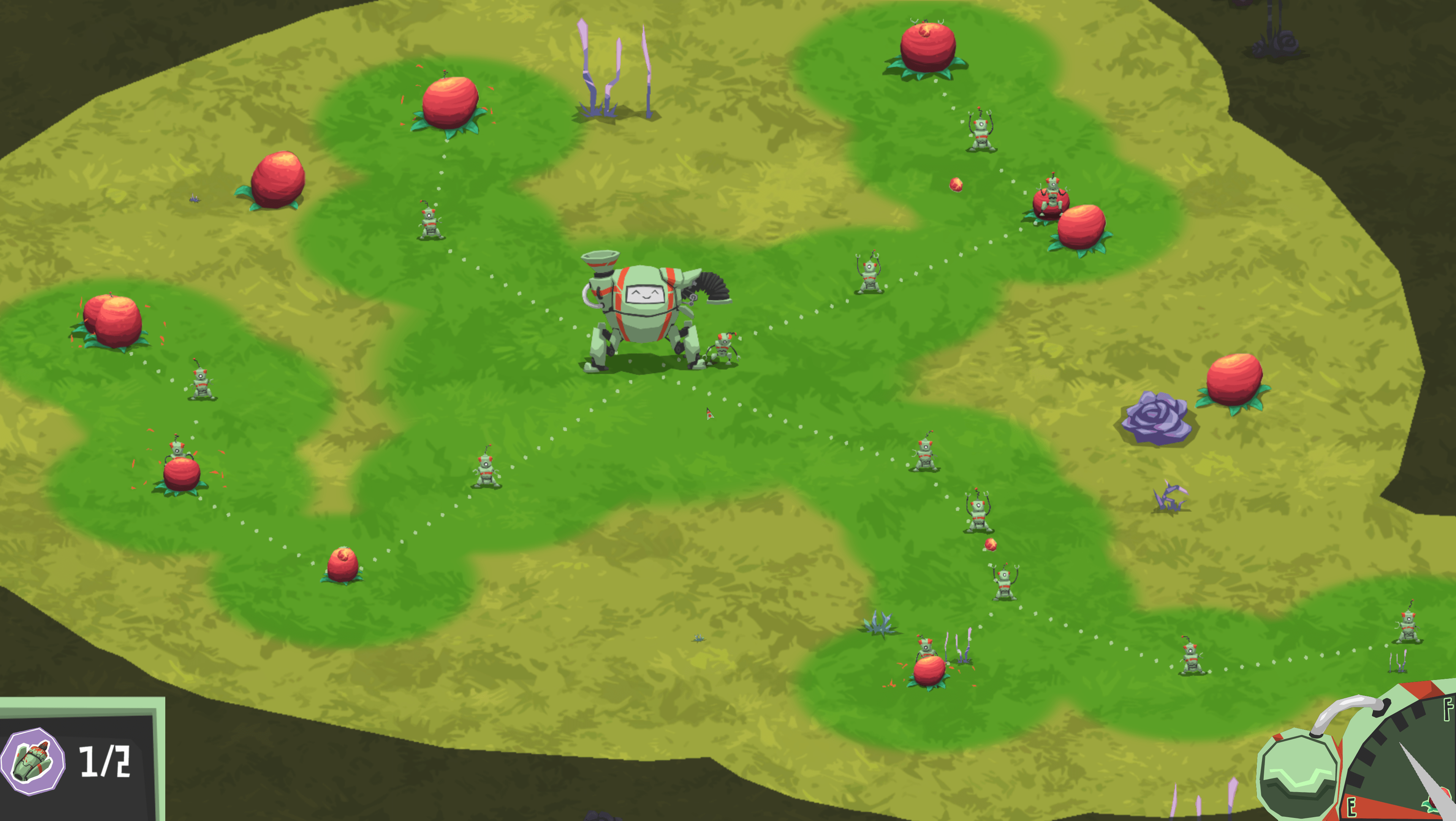 4 robot production lines headed off toward the four corners of the screen. In the bottom right line, three robots are close together where two would suffice.