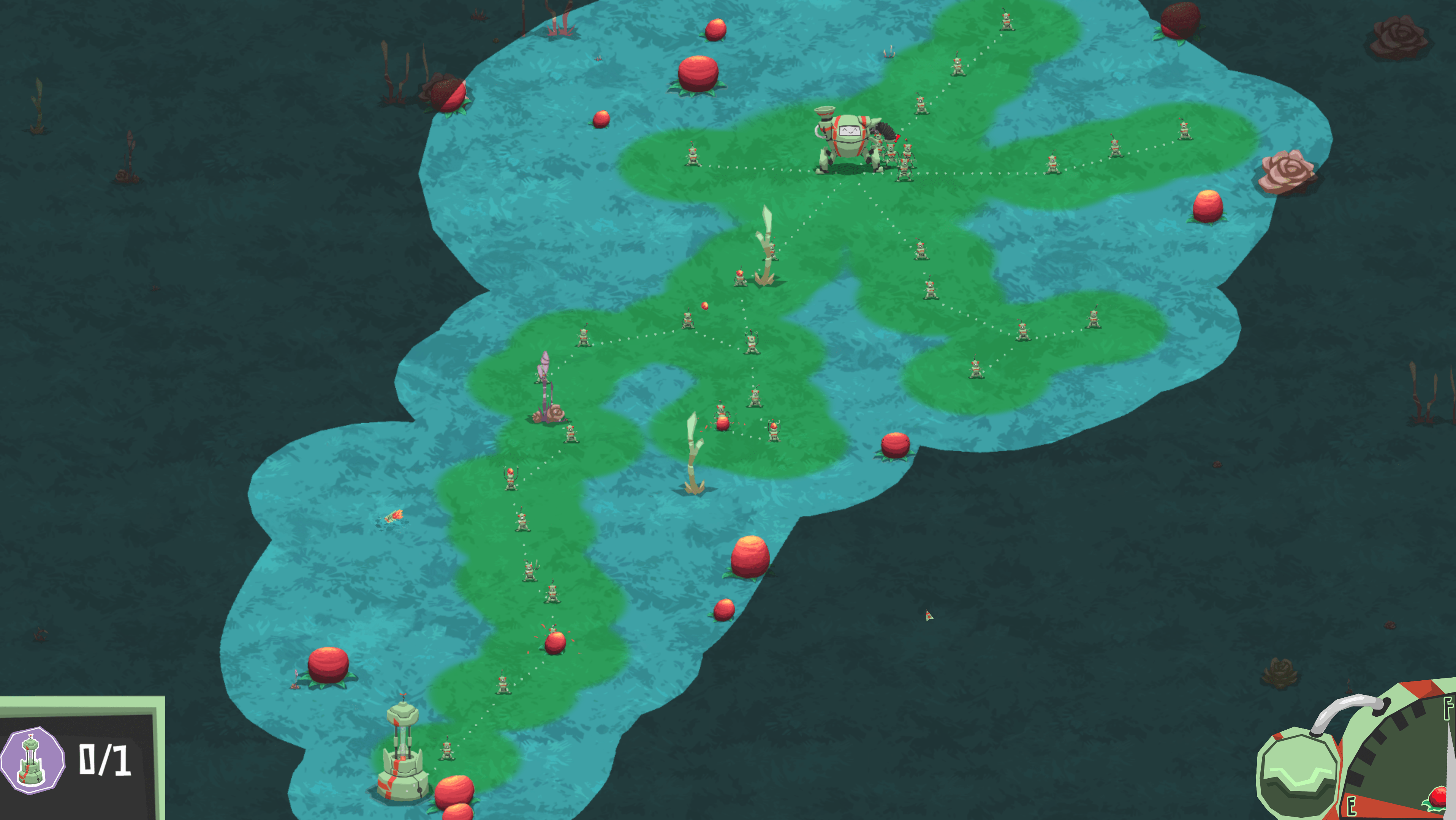 blue planet with robots in a line connecting the ship and a pylon