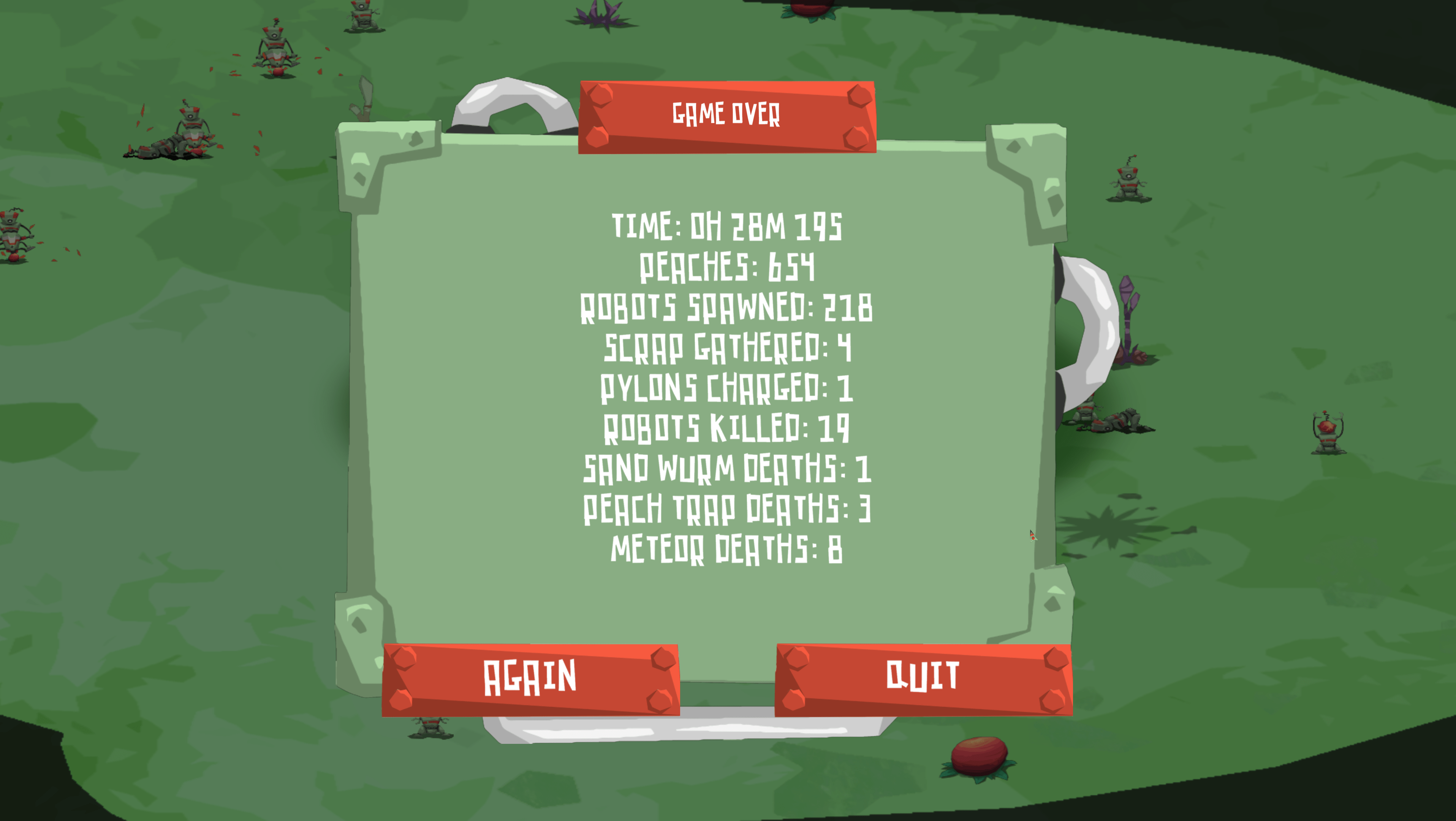 Game over screen. time, 28 minutes, 19 seconds. 654 peach collected. 218 robots spawned. 4 scraps gathered. 1 pylon charged. 19 robots killed. 1 sand wurm death. 3 peach trap deaths. 8 meteor deaths.