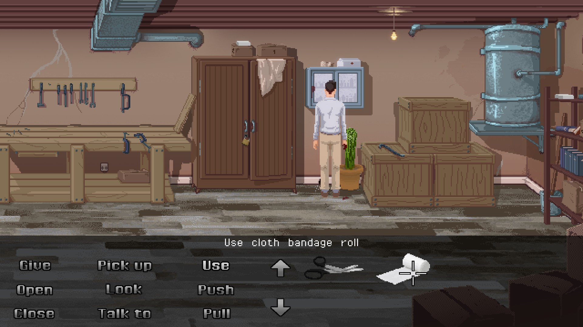 ryan holds a pair of scissors and a cloth bandage in his inventory. interaction options are: give, open, close, pick up, look, talk to, use, push, and pull