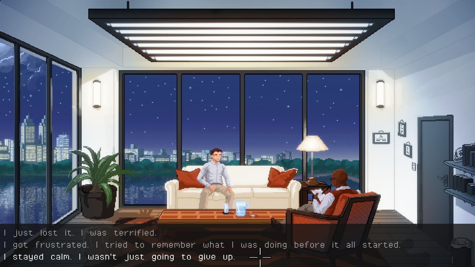 3 dialog options: first option, I just lost it. I was terrified. second option, I got frustrated. I tried to remember what I was doing before it all started. third option, I stayed calm. I wasn't going to give up.