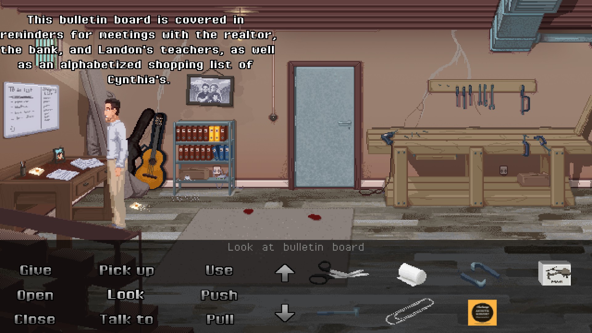 Ryan says to self: this bulletin board is covered in reminders for meetings with the realtor, the bank, and Landon's teachers, as well as an alphabetized shopping list of Cynthia's.