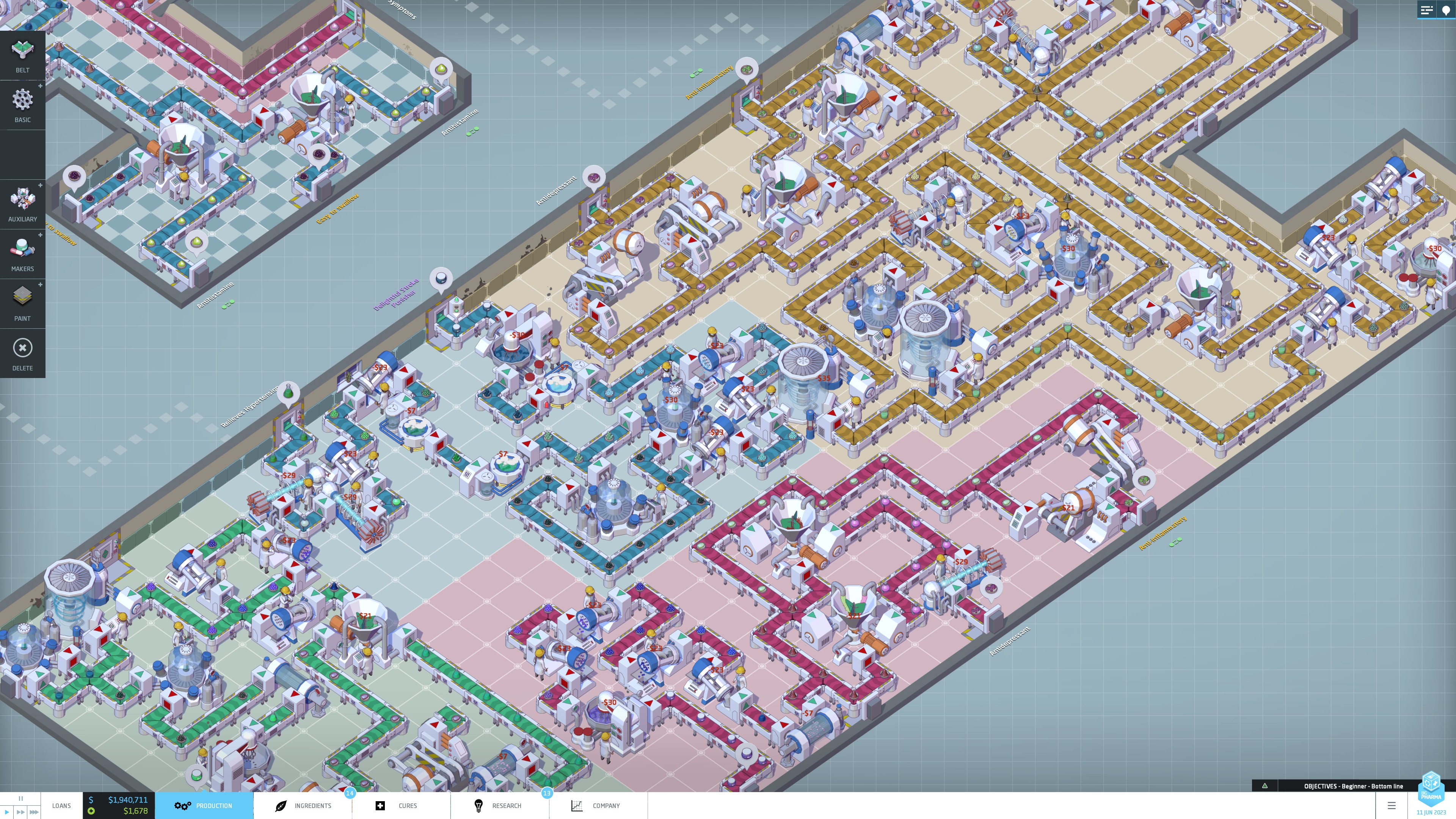 Big Pharma production lines in green, blue, red, and yellow