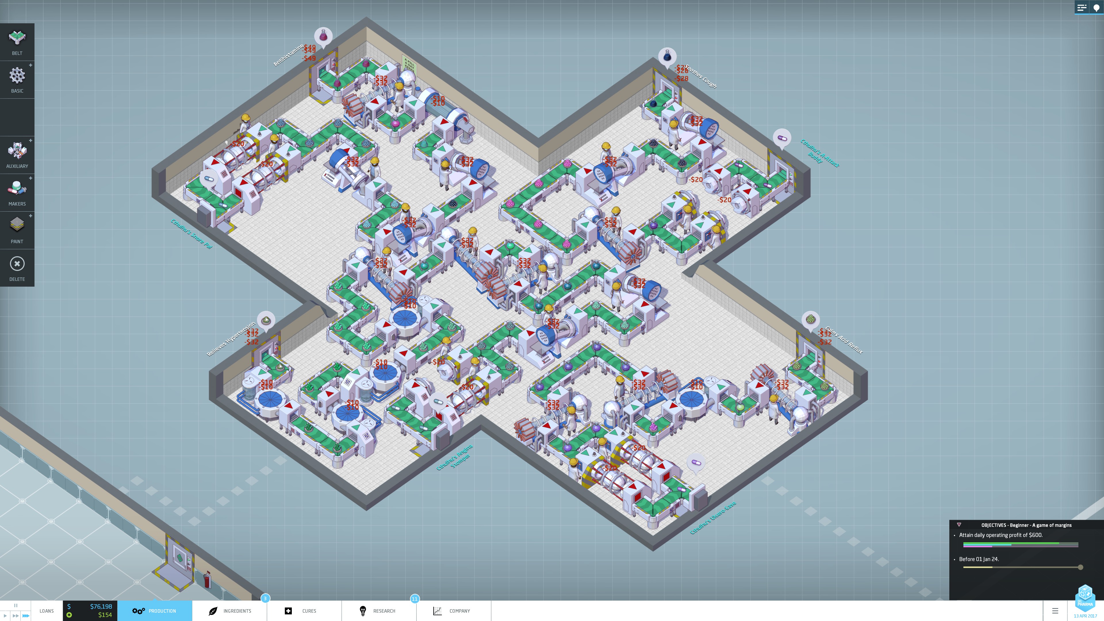 Small plus shaped warehouse with four green production lines mushed together