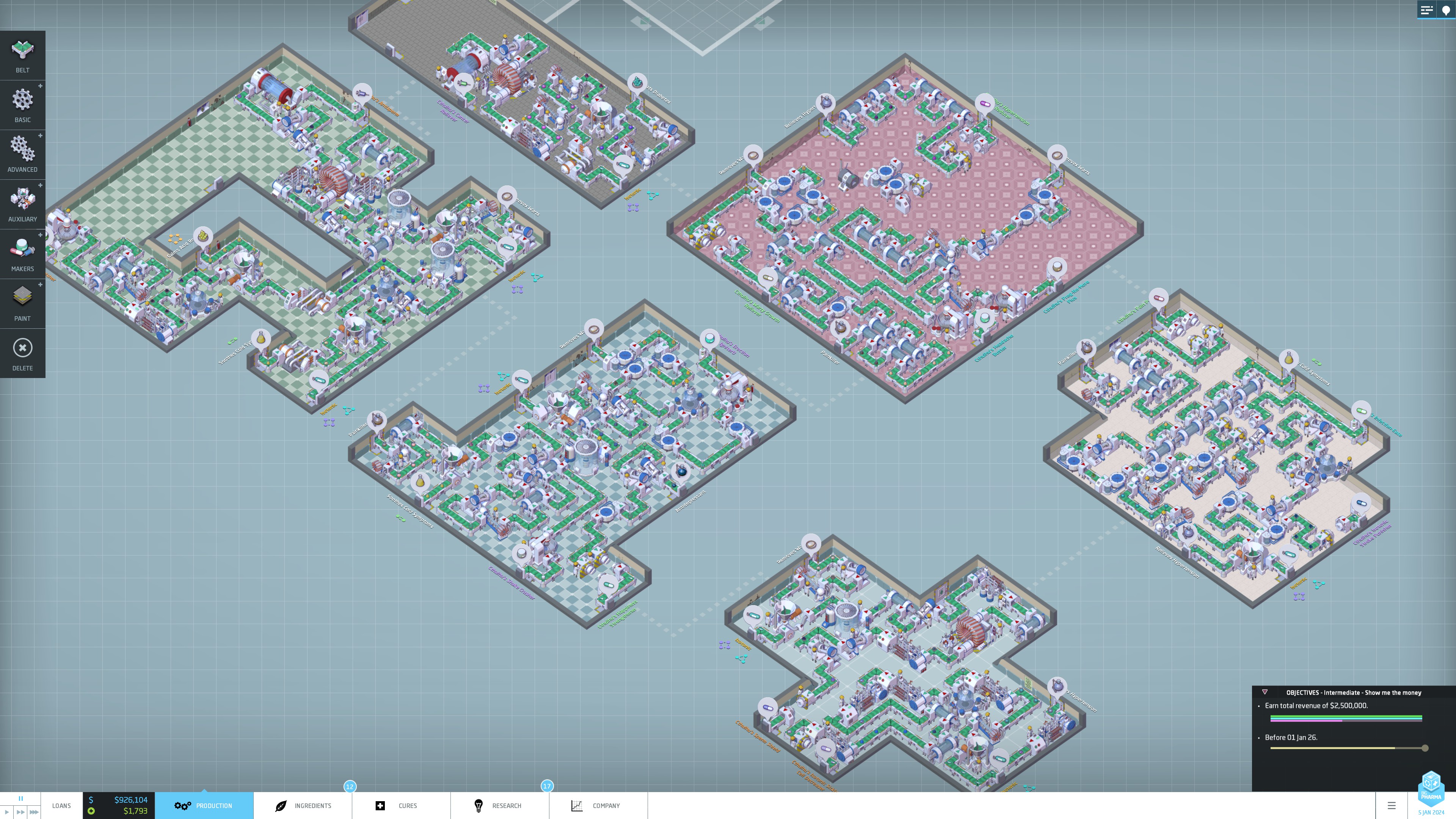 6 warehouses full of green production lines. A popup in the bottom right lists profit so far and the current time limit.