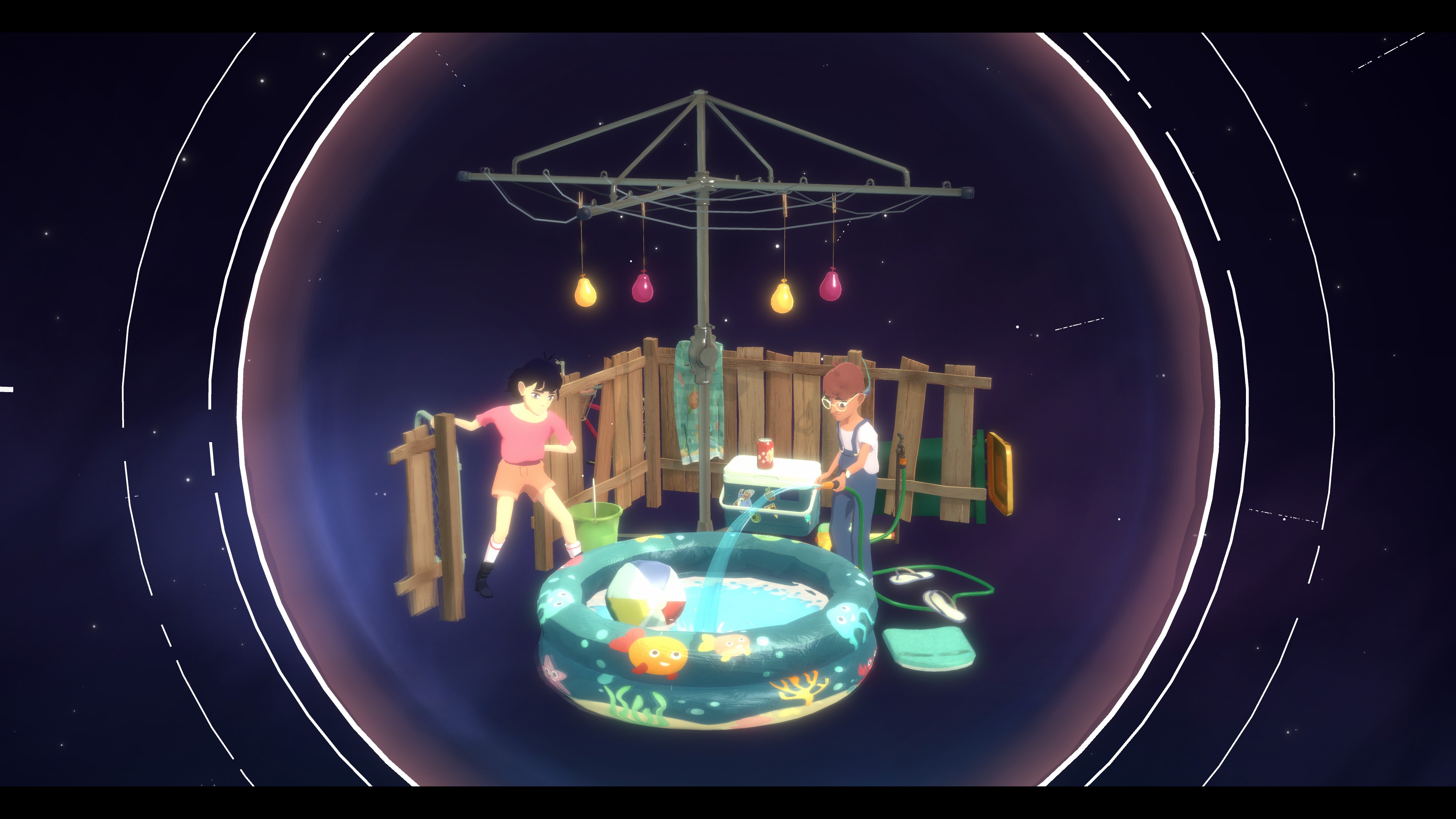 Summer scene involving Frendt filling up a kiddie pool while Arina comes into the backyard hiding something behind their back