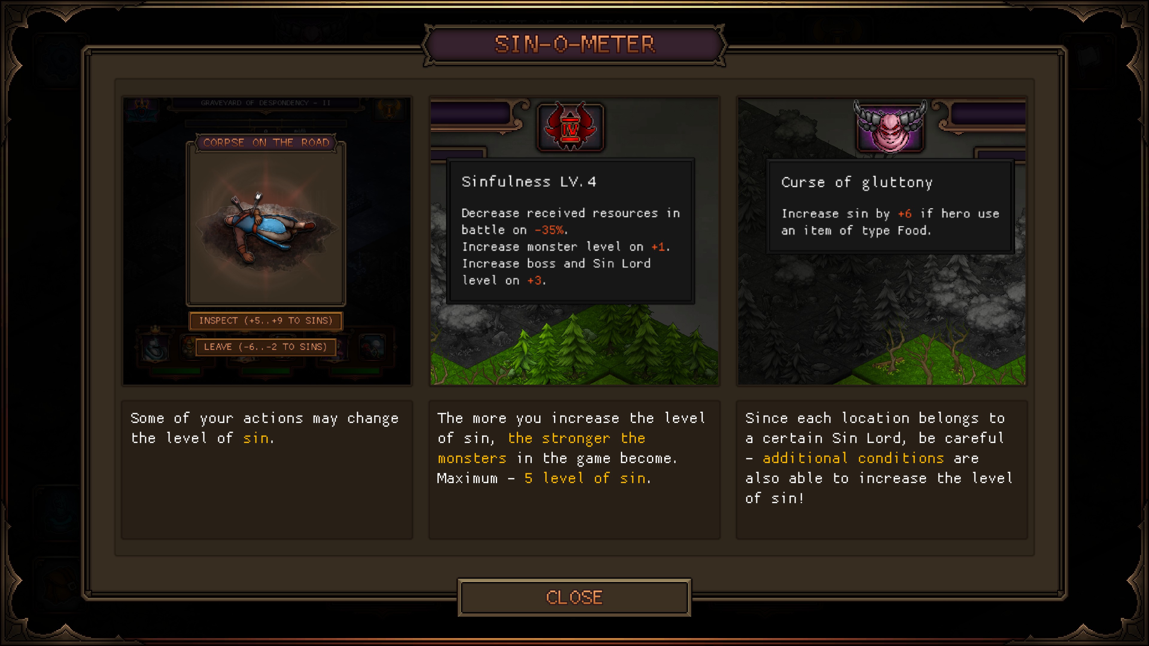 Sin-o-meter describing how actions may affect the level of sin and that enemies will increase and rewards decrease as sin increases