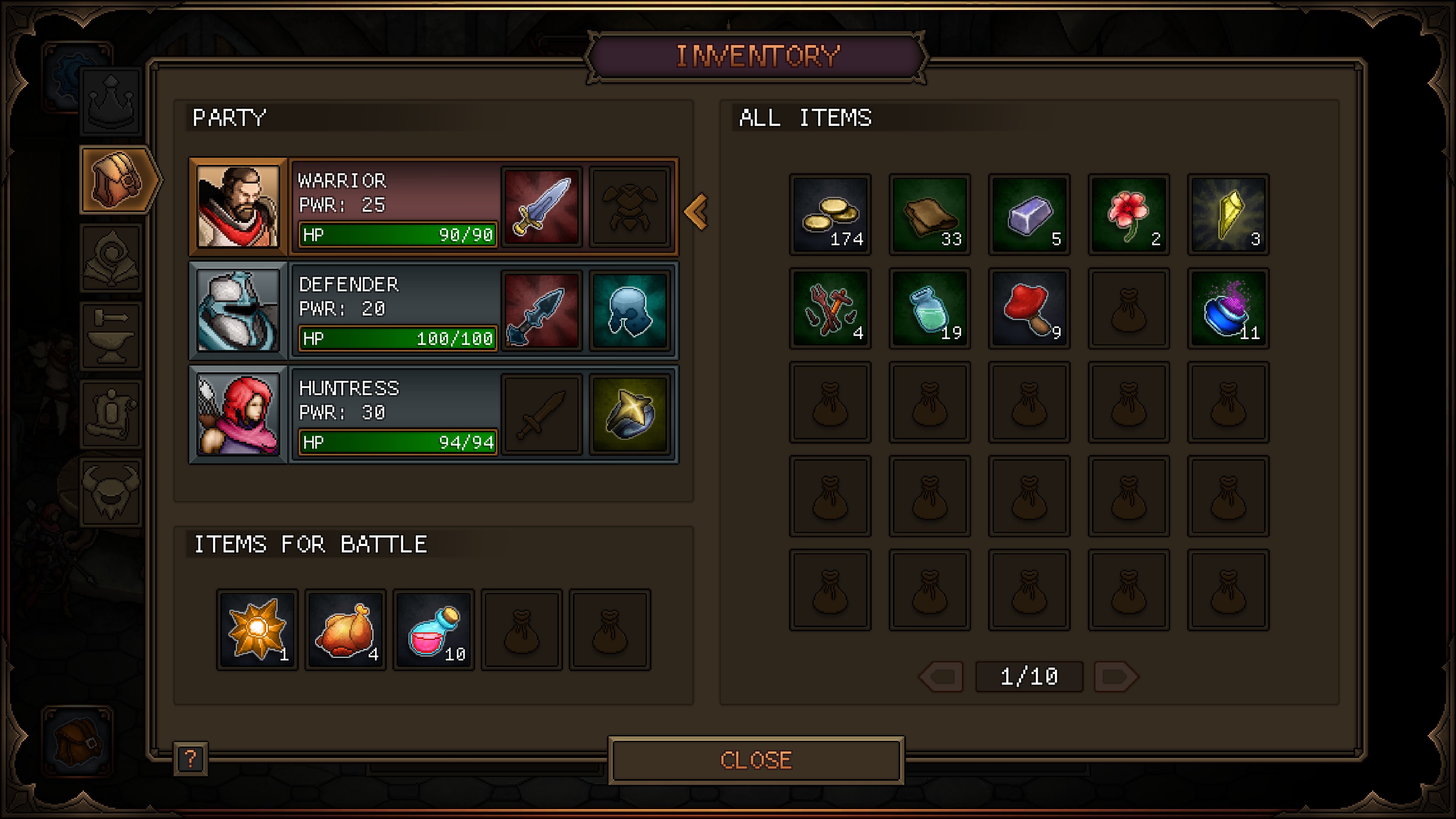 items equiped on heroes, quick access heals, and crafting ingredients carried