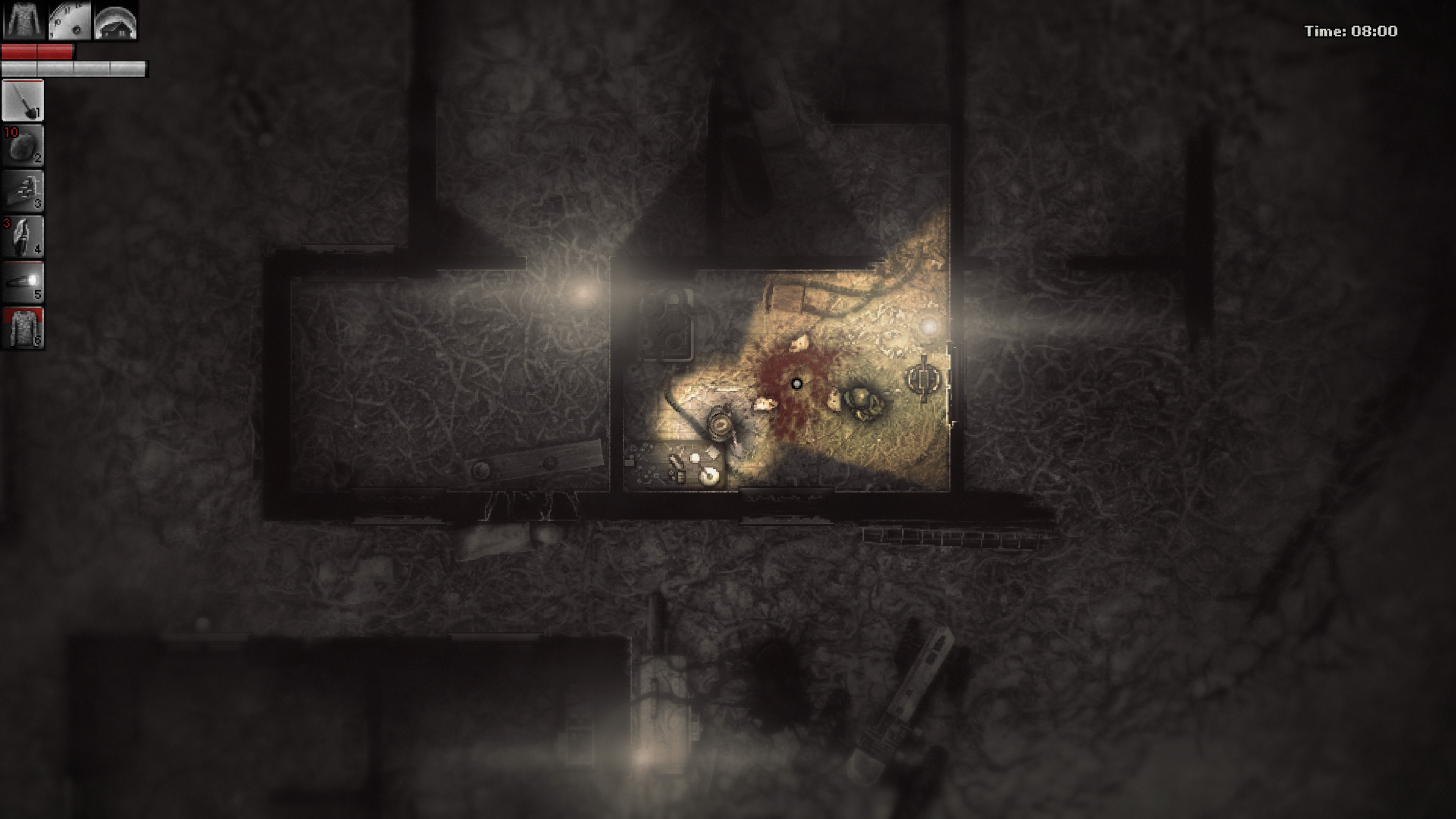 Main character and daily trader in a house, time is indicated to be paused by an icon in the top left and a brown grey color scheme of roots.