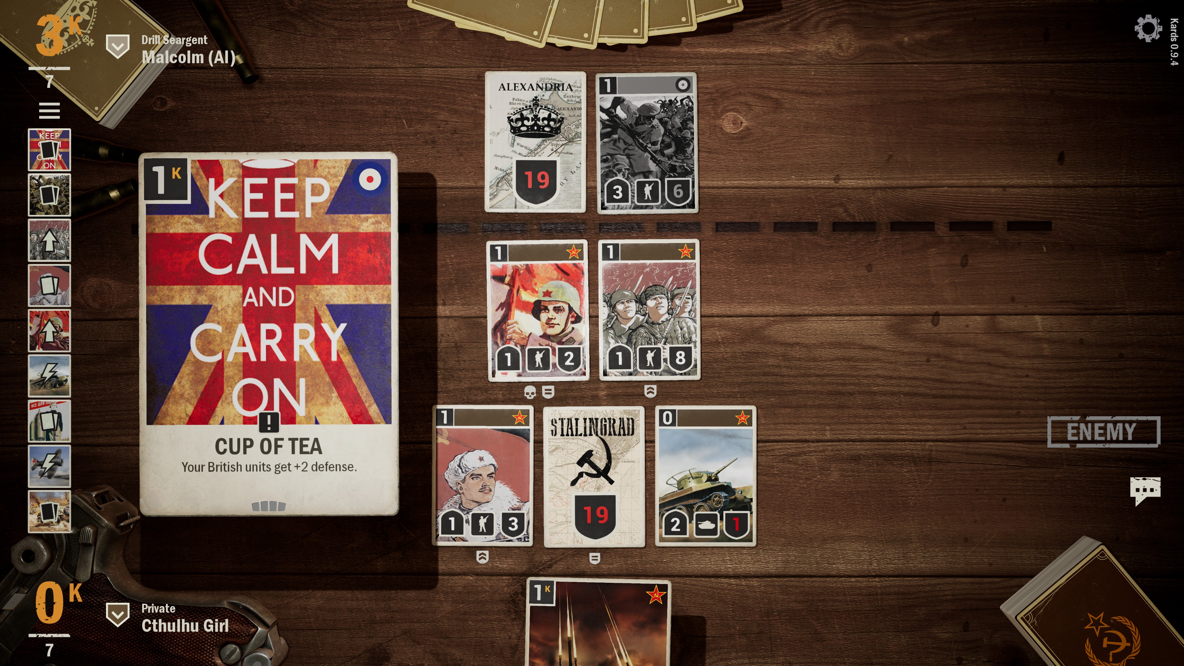 Britain order card called Cup of Tea. The image shows a british flag and the words keep calm and carry on. The card's effect is to give all the player's british units plus 2 defense.