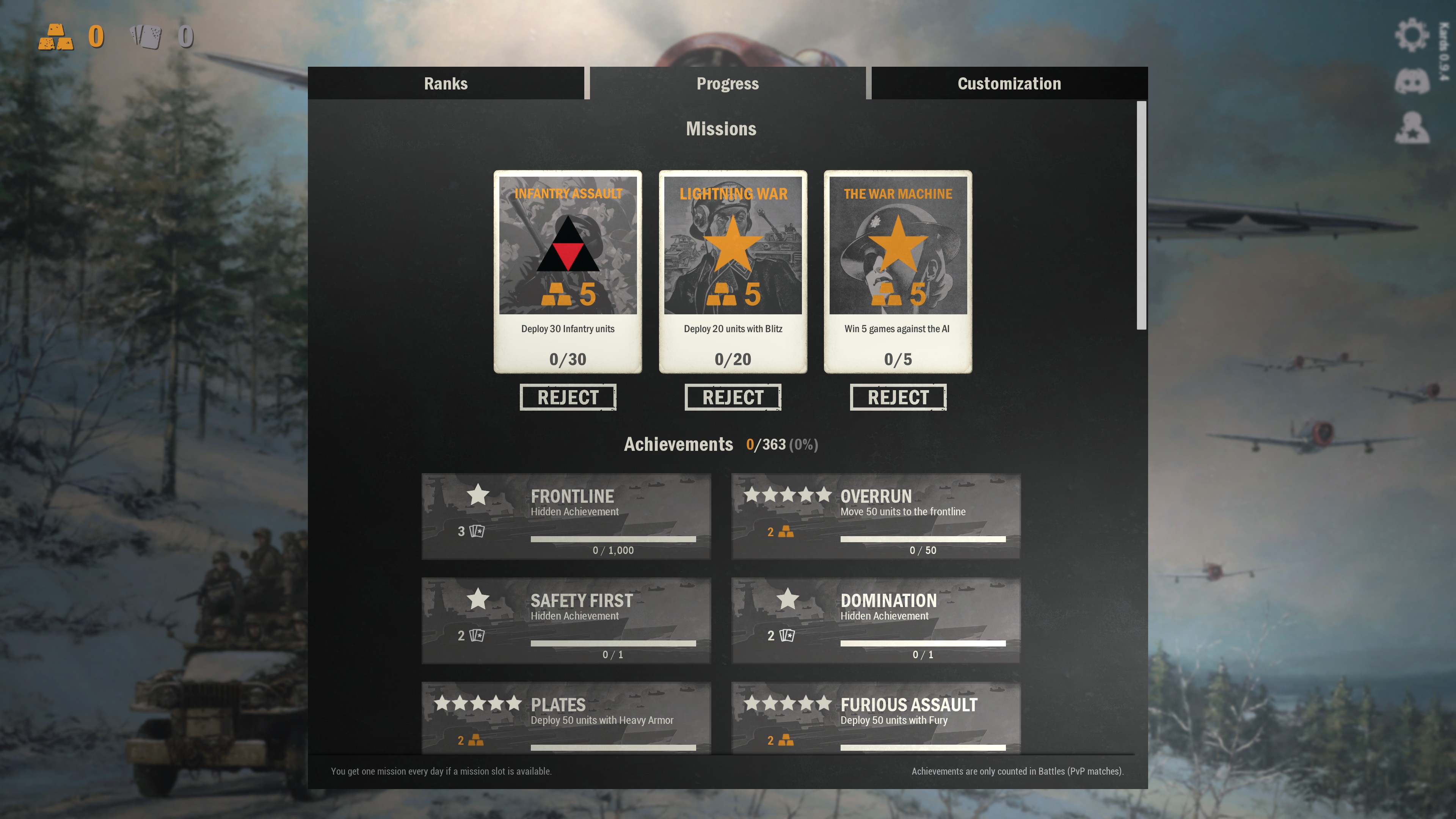 3 missions are shown each providing 5 gold upon completion. They require deploying infantry, deploying units with the blitz ability, and winning games against bots. the beginning of a list of 363 achievements is also shown, each offers either gold or card crafting resources for completion.