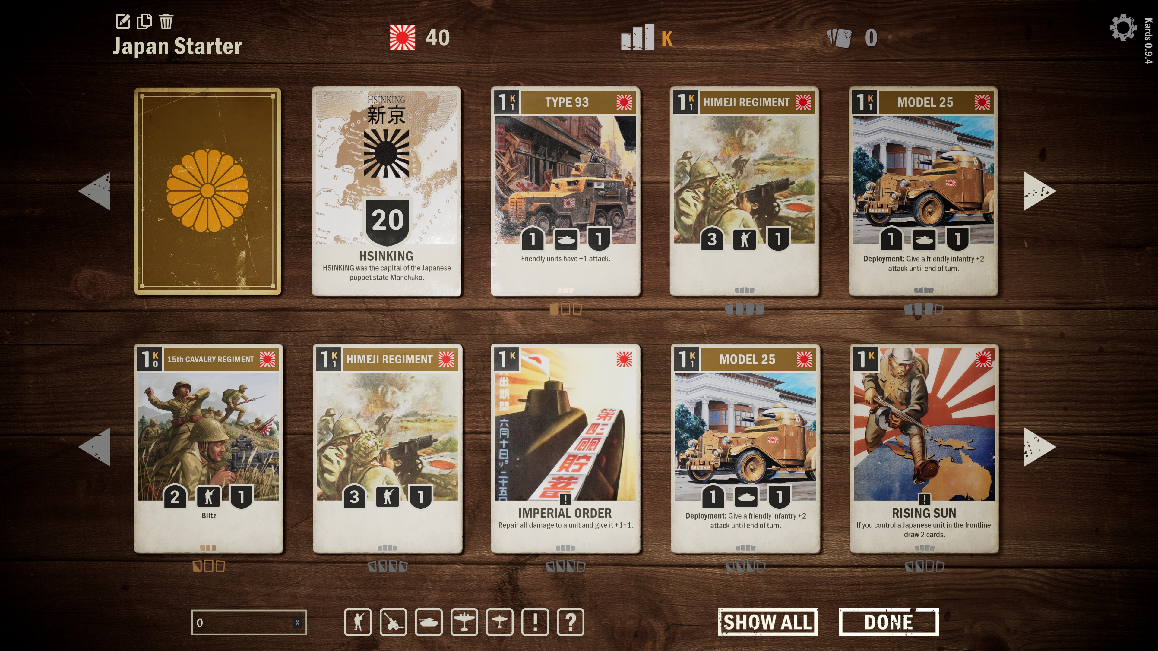Two rows of cards for the Japanese faction. It's visually unclear if there's any meaningful difference between the top and bottom rows.