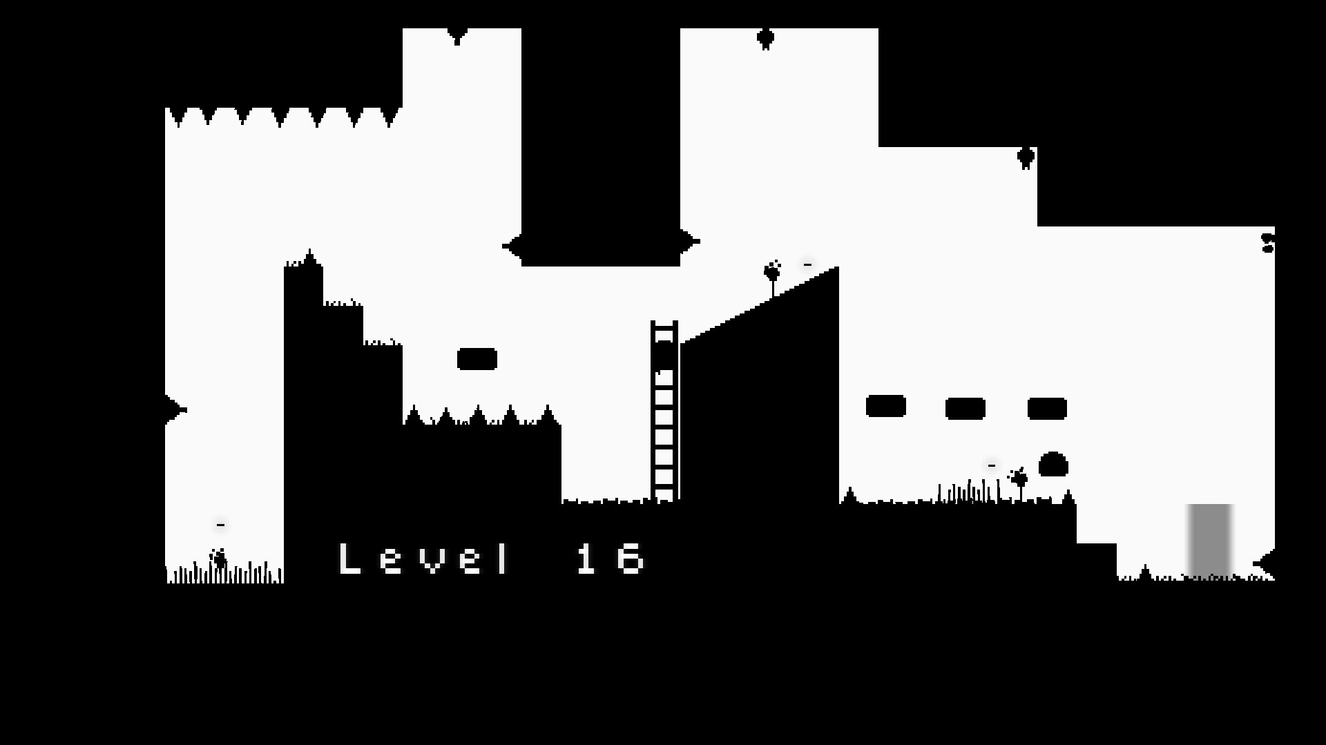 Blaite level 16. the character is climbing a ladder in the center of the screen and must run over several falling platforms past bats and a slime to reach the exit